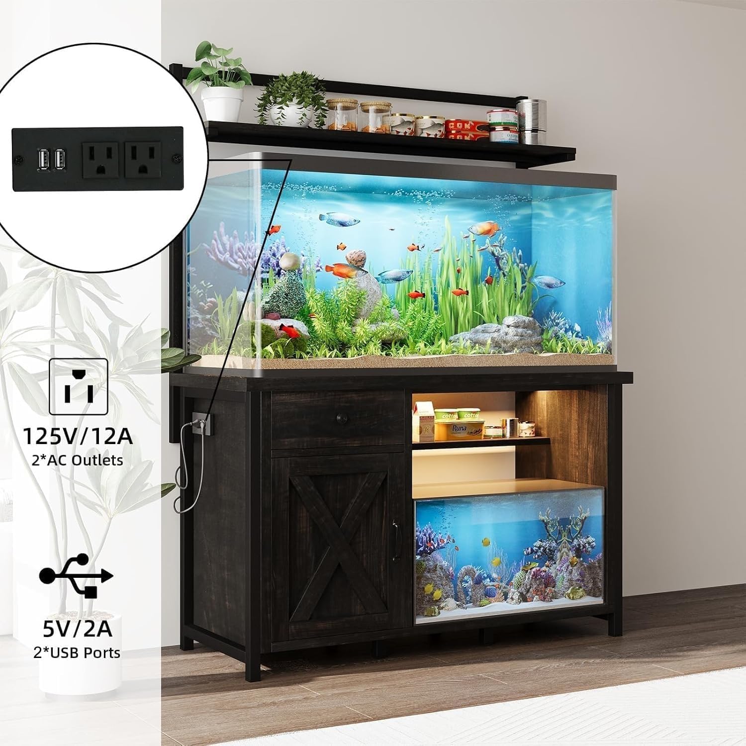 4ever2buy 55-75 Gallon Fish Tank Stand in Oak with built-in power outlet and USB ports.