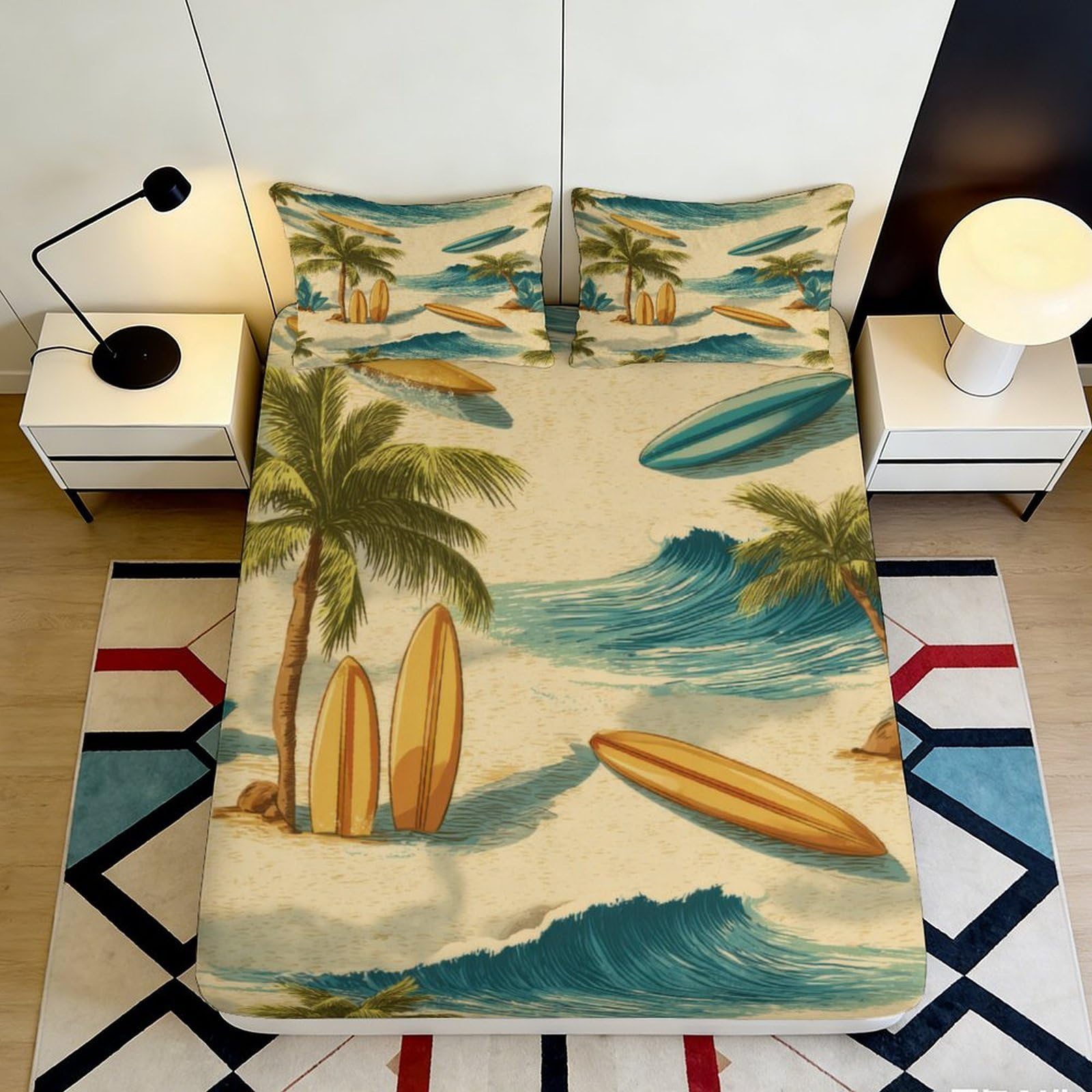 3D Printed Tropical Beach Fitted Sheet Microfiber Soft Palm Tree Surfboard Mattress Cover for Bedroom Guest Room Decor 90x200x25cm