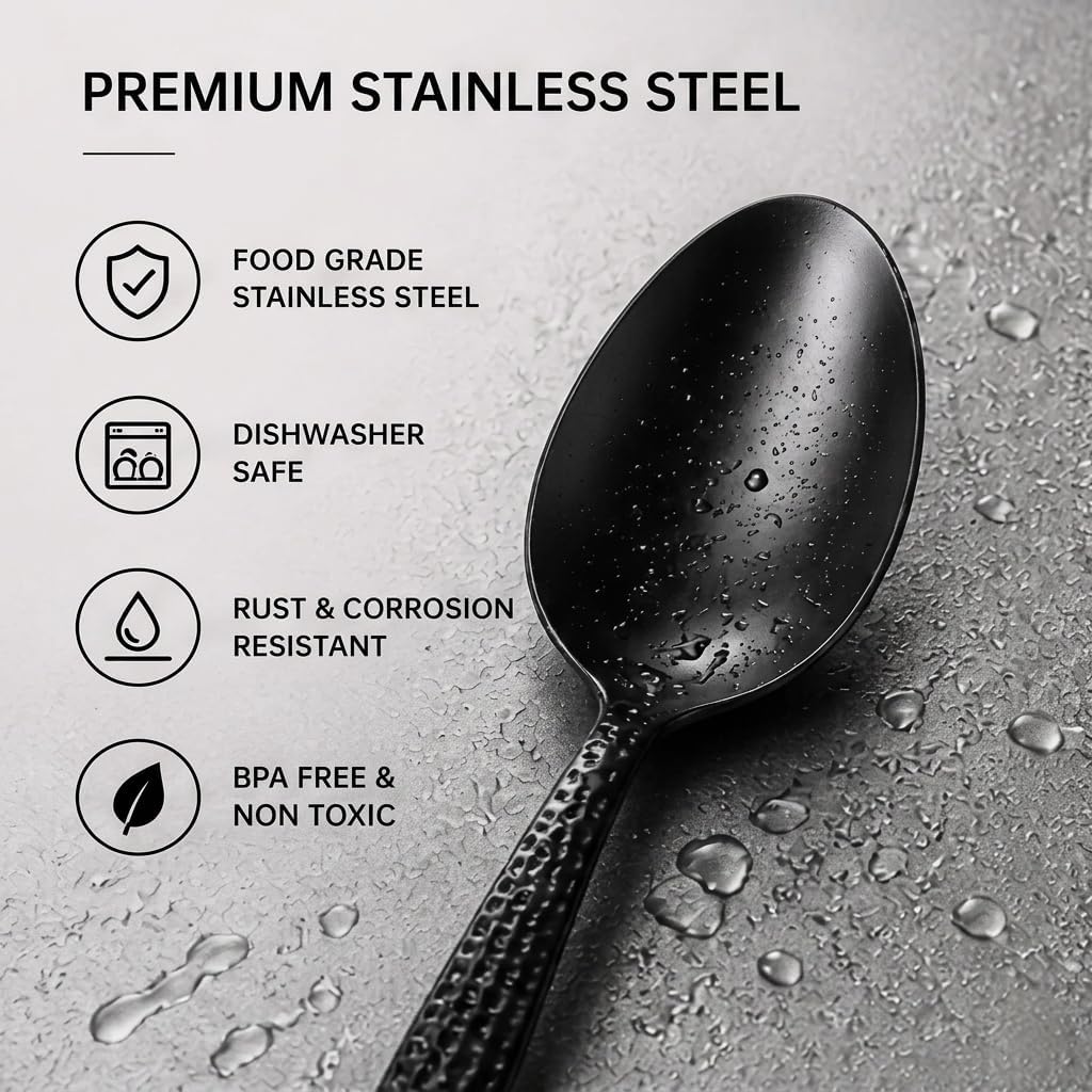 CREATIVECHEF 2-Pack 7.8-Zoll Edelstahl Kunz Löffel, Spiegel Polieren Löffel Set, Professionelle Koch Löffel Küchenbesteck Set für Home Küche Restaurant Rühren, Schöpfen und Mischen (Schwarz)