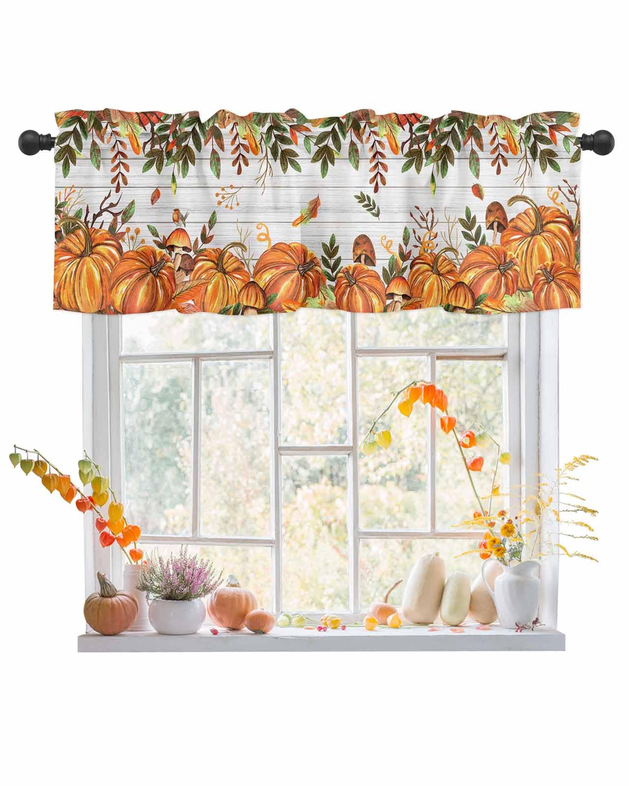 Fall Pumpkin Leaf Curtain Valances for Windows, Light Filtering Thermal Insulated Windows Curtains Decoration Wood Grain Mushrooms Valance Curtains for Kitchen Cafe Bedroom Living Room Decor 42x12in