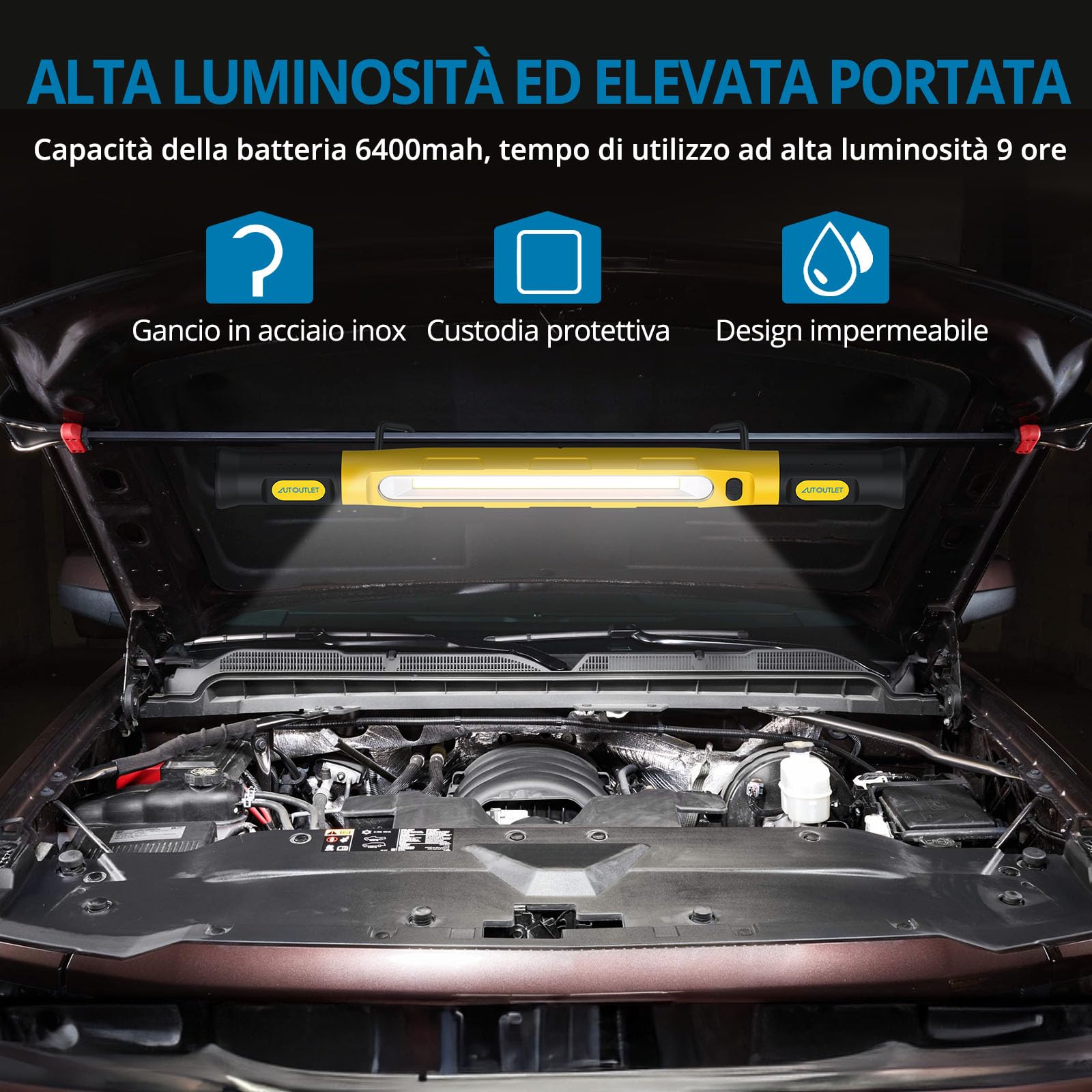 AUTOUTLET 1 Pezzo Lampada da Lavoro LED Ricaricabile COB 6000mAh 3000LM,Lampada di Ispezione Magnetica Portatile con Ganci,3 Modalità e Rotazione di 360°per Campeggio Officine e Garage,Impermeabile