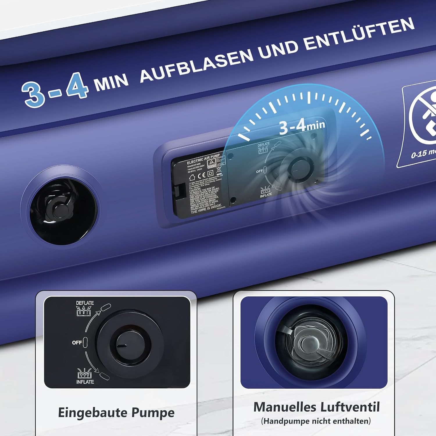 Luftmatratze 2 Personen Selbstaufblasend mit Akkupumpe | 203x152x45cm Luftmatratze Gästebett, Beflockt Wasserdicht, Doppellagige Luftsäulen, 295kg Tragfähigkeit für Camping & Zuhause