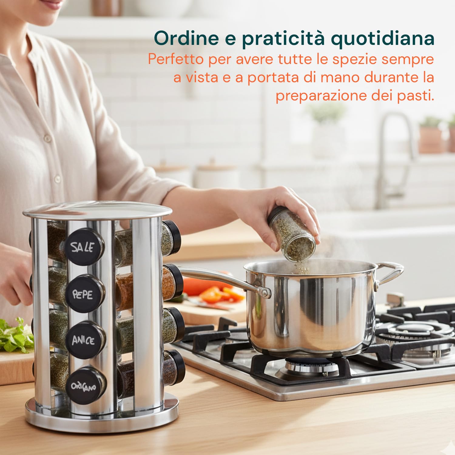 Avilia Portaspezie Girevole 360° con 16 Barattoli in Alluminio – Porta Spezie Salvaspazio Alzatina Cucina Rotante a 2 Livelli con 32 Etichette e Penna – Organizer Dispensa Cucina