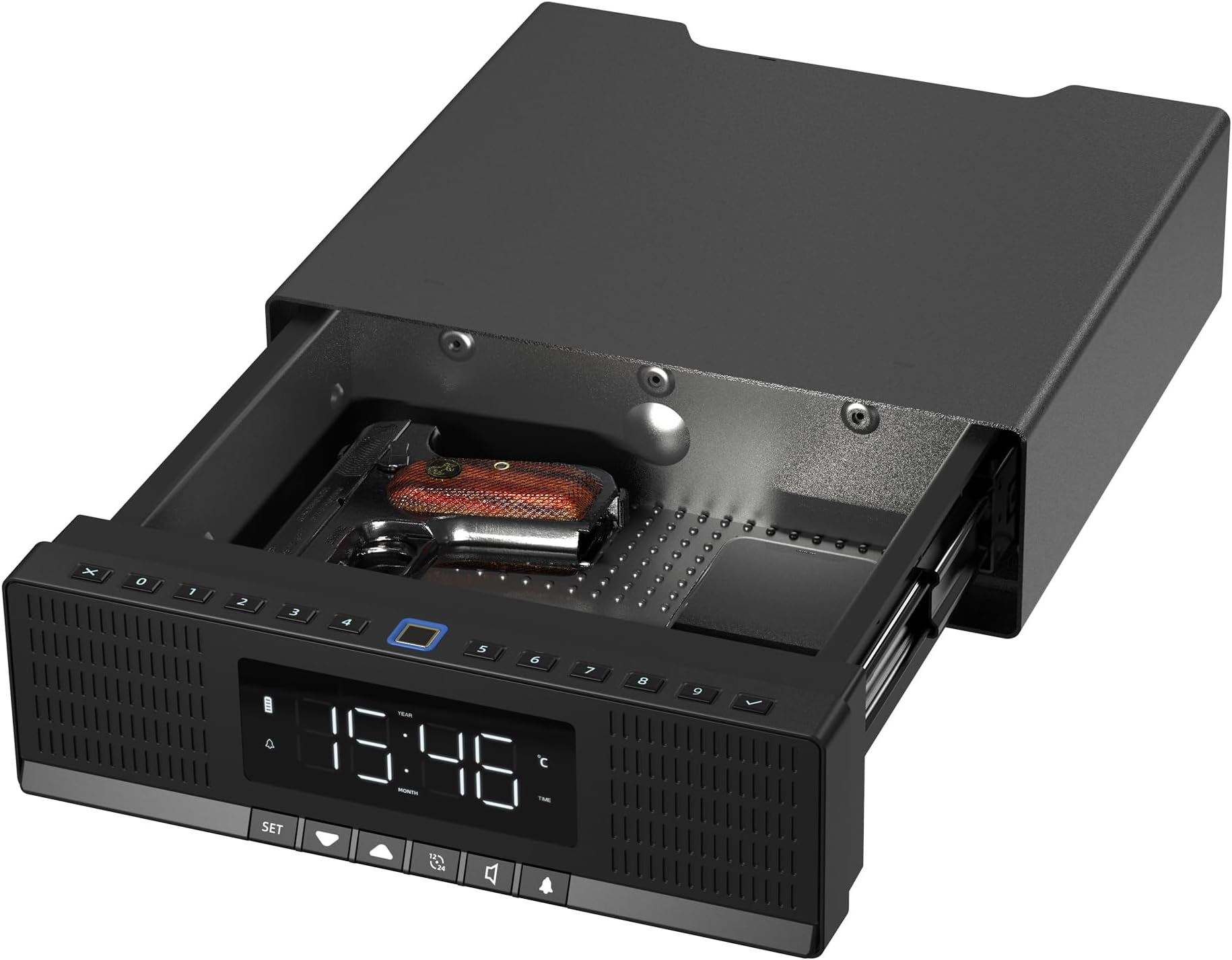 Smart Security Box, Biometric Fingerprint Safe for Handgun & Valuables, Portable Lock Box with Bluetooth, Anti-Theft Steel Cable, USB Charging, Digital Keypad, Hidden Audio Design