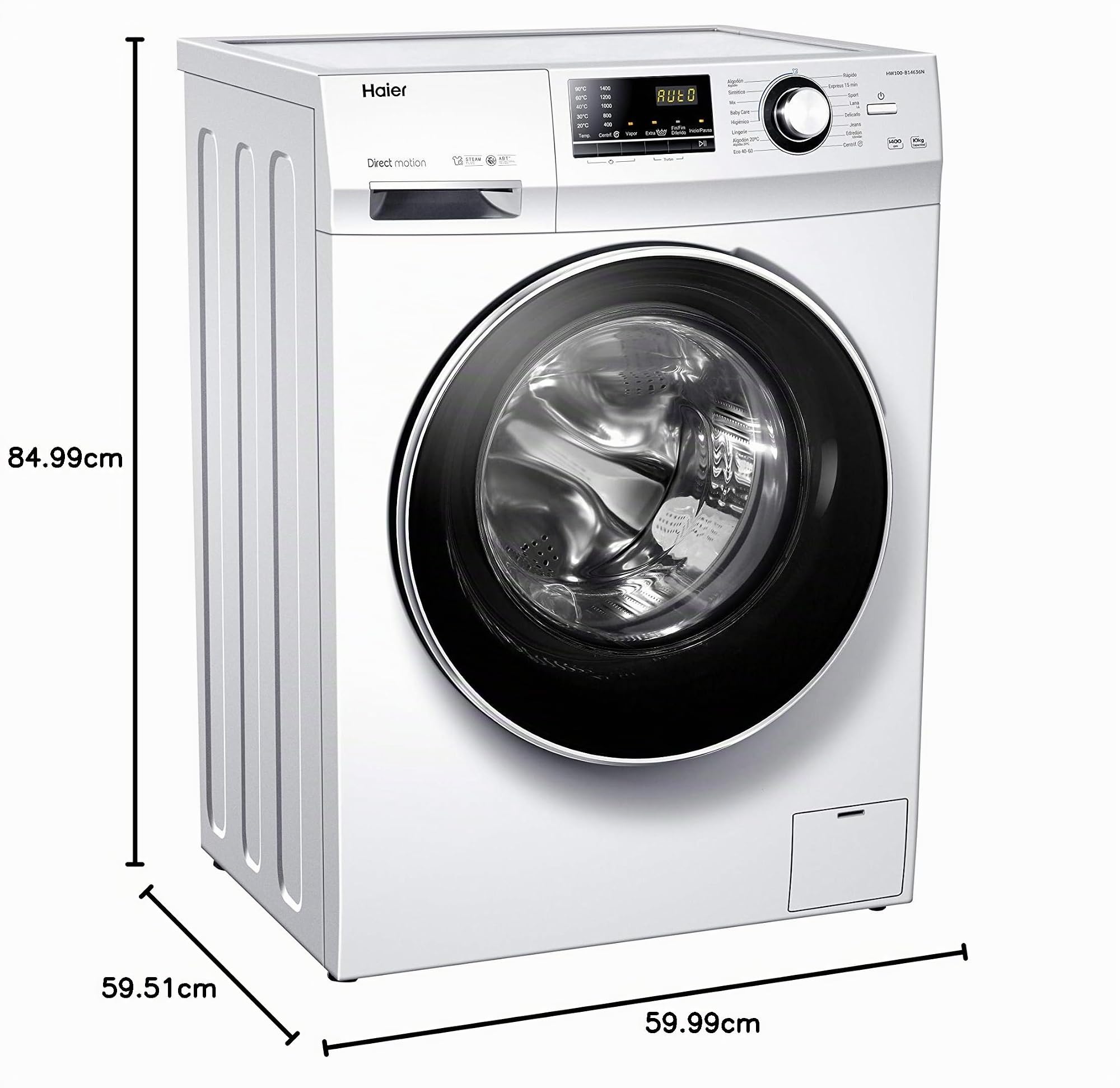 Haier 636 Series HW100-B14636N- Lavadora carga frontal 10KG, Función Vapor, Motor Direct Motion, Tratamiento Antibacterias, 1400 RPM, Fin Diferido, Detector automático de KG, 16 Programas, Clase A