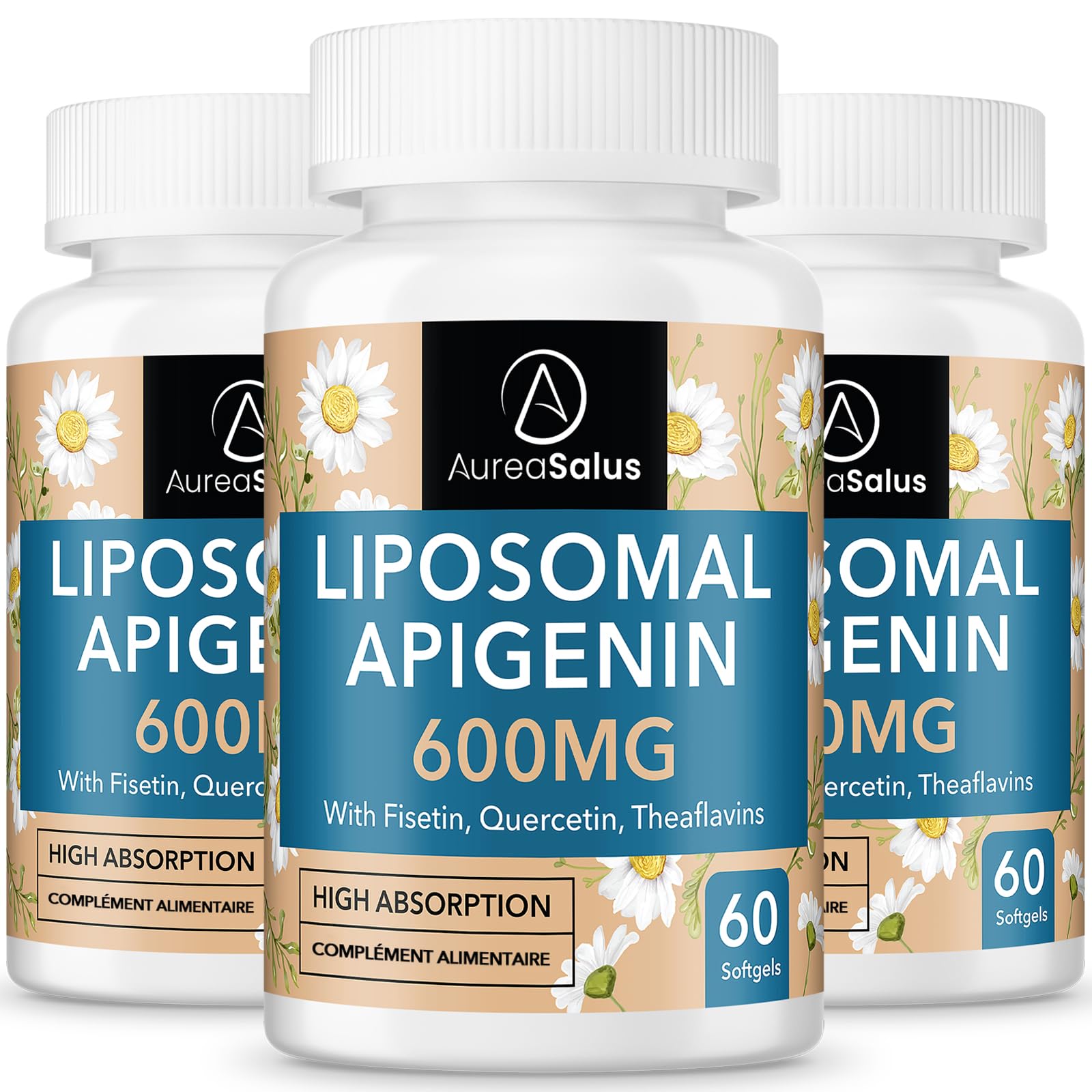 Apigenin 600 mg, Supplément d'apigénine Liposomale Extra fort Avec Fisétine, Quercétine et Théaflavines (60 Unité (Lot de 3))