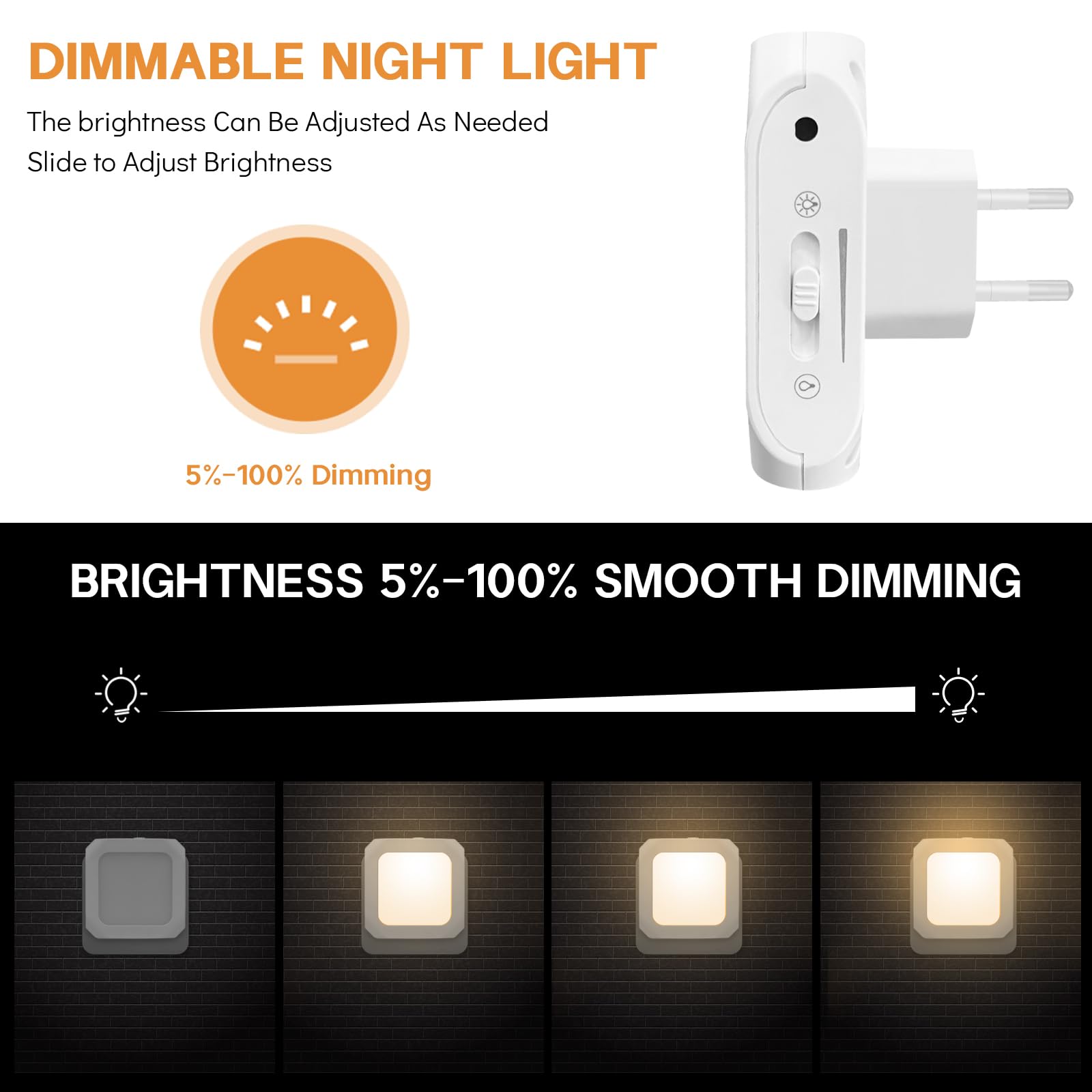 Jsdoin LED Luce Notturna Bambini, 2 Pezzi Luce Notturna con Sensore Crepuscolare, Luminosità Regolabile Luce Notturna da Presa per Camera dei Bambini, Bagno, Corridoio, Cucina, Scale, Bianca Calda
