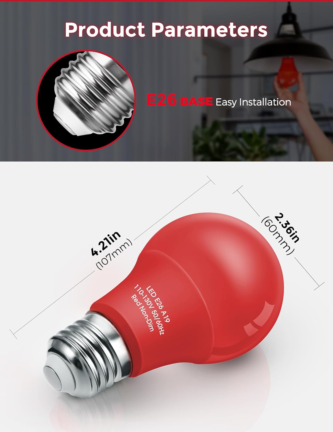 DORESshop Red Liight Bulbs, A19 LED Christmas Light Bulbs, 9W (60 Watt Equivalent) E26 Light Bulbs 720LM Red Bulbs Outdoor for Halloween Christmas Lighting, Porch, Non-Dimmable, 2 Pack