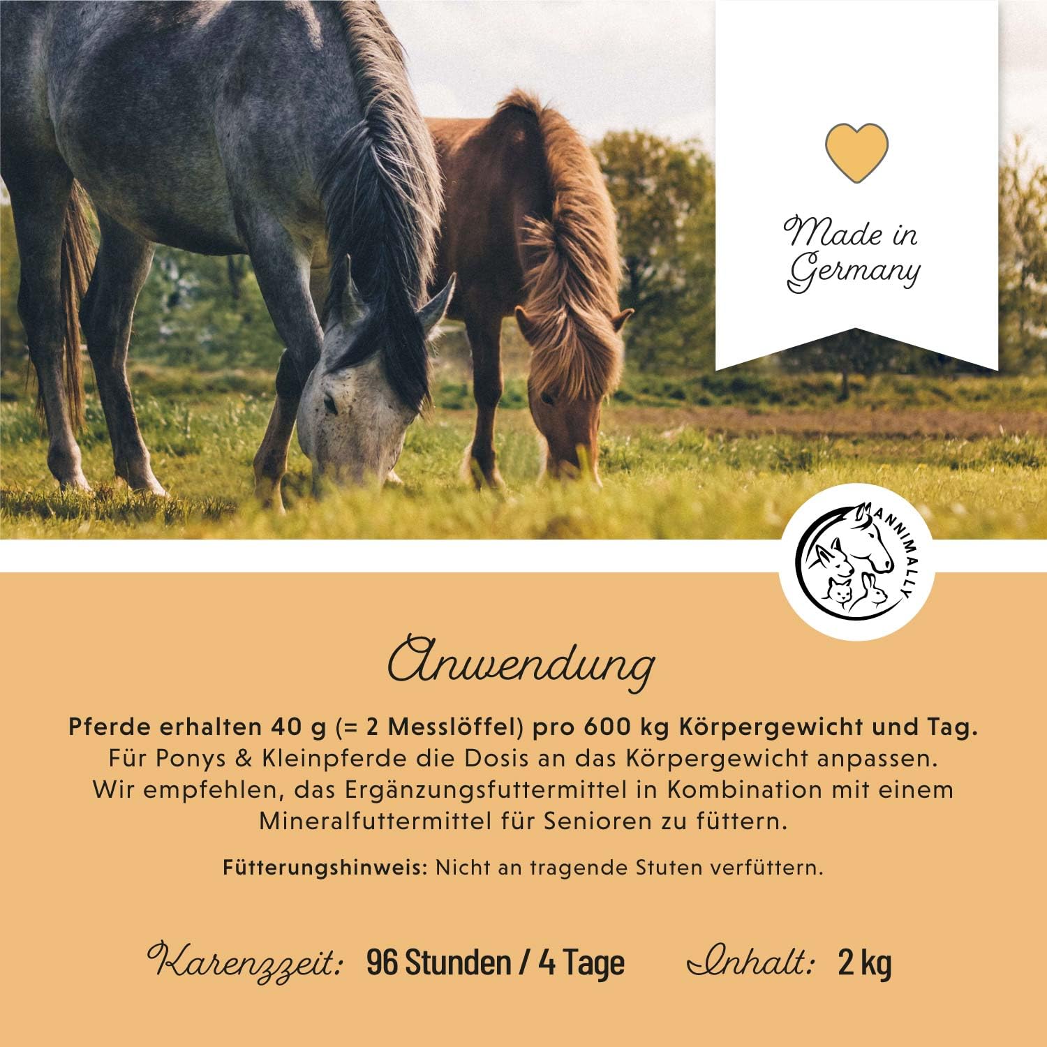 Annimally Senior Vital Pulver Pferd 2 kg mit MSM, Traubenkern, Glucosamin, Teufelskralle - Senior Zusatzfutter zur Unterstützung von Herz & Kreislauf sowie Knochen und Gelenke im Alter