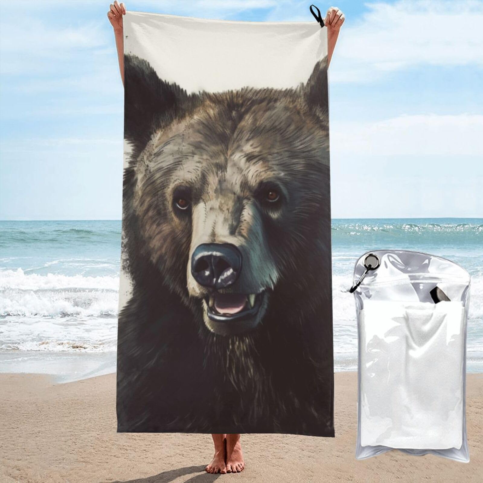 BWWHCCTI Bear print Printed Microfiber Quick Dry Beach Towel 80x160 CM, Fast Drying Bath Towels with Bags for Travel,Camping,Gym,Beach,Swimming,Yoga