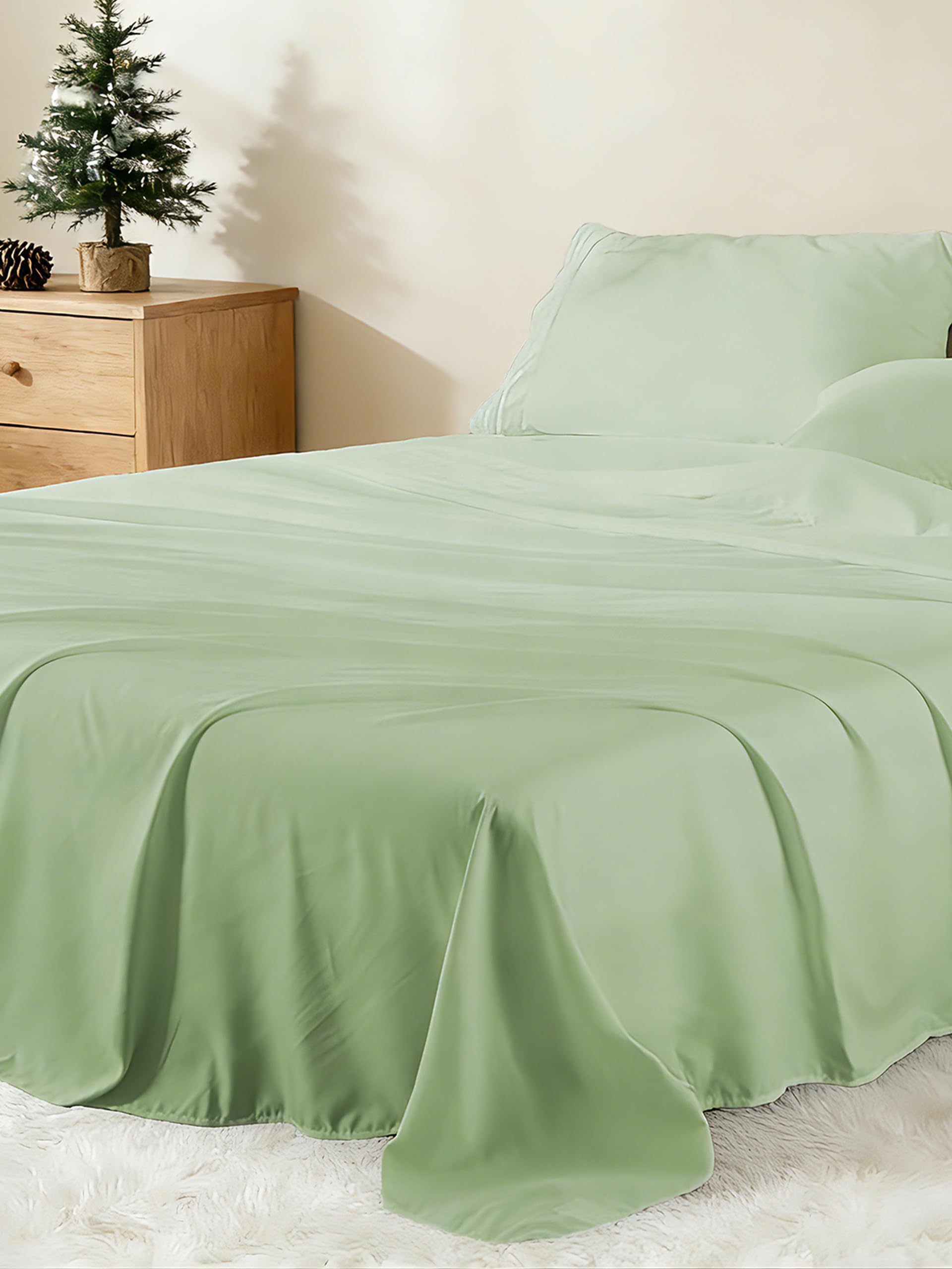 Ranunculus 4 Piece Queen Bed Sheet Set, Soft Fitted Sheet Queen Size & Bedsheet & 2 Pillowcases, Soft Brushed Microfiber - Deep Pocket, Breathable, Fade Resistant,Easy Care (Sage Green,Queen)