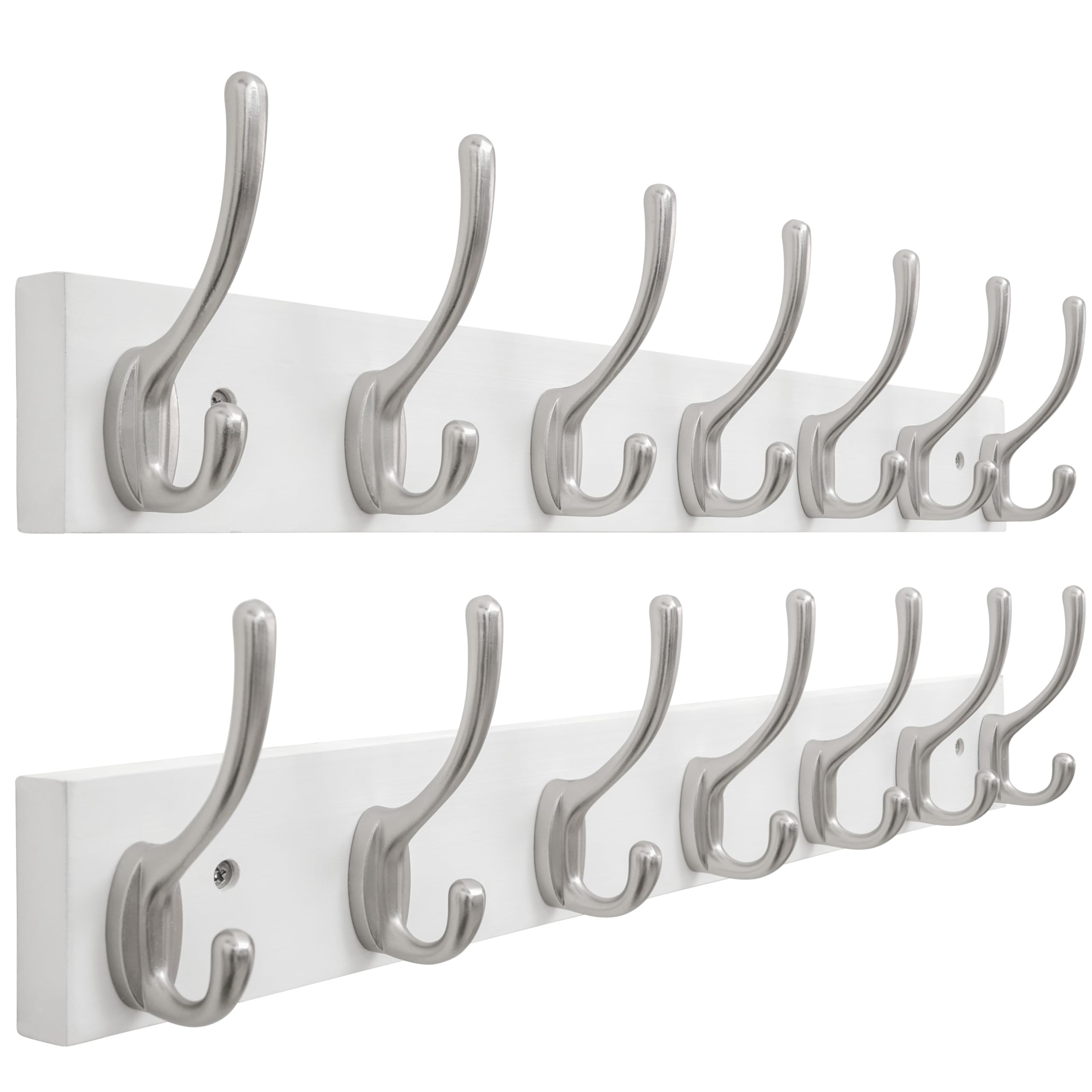 SKOLOO Solid Pine Wood Wall Mounted Coat Hooks, 50cm Long, Pack of 2, 7-Hook Modern Entryway Organizer with 16" Stud Installation, for Hallway, Bathroom, Kitchen (White Wood/ & Nickel Hooks)​