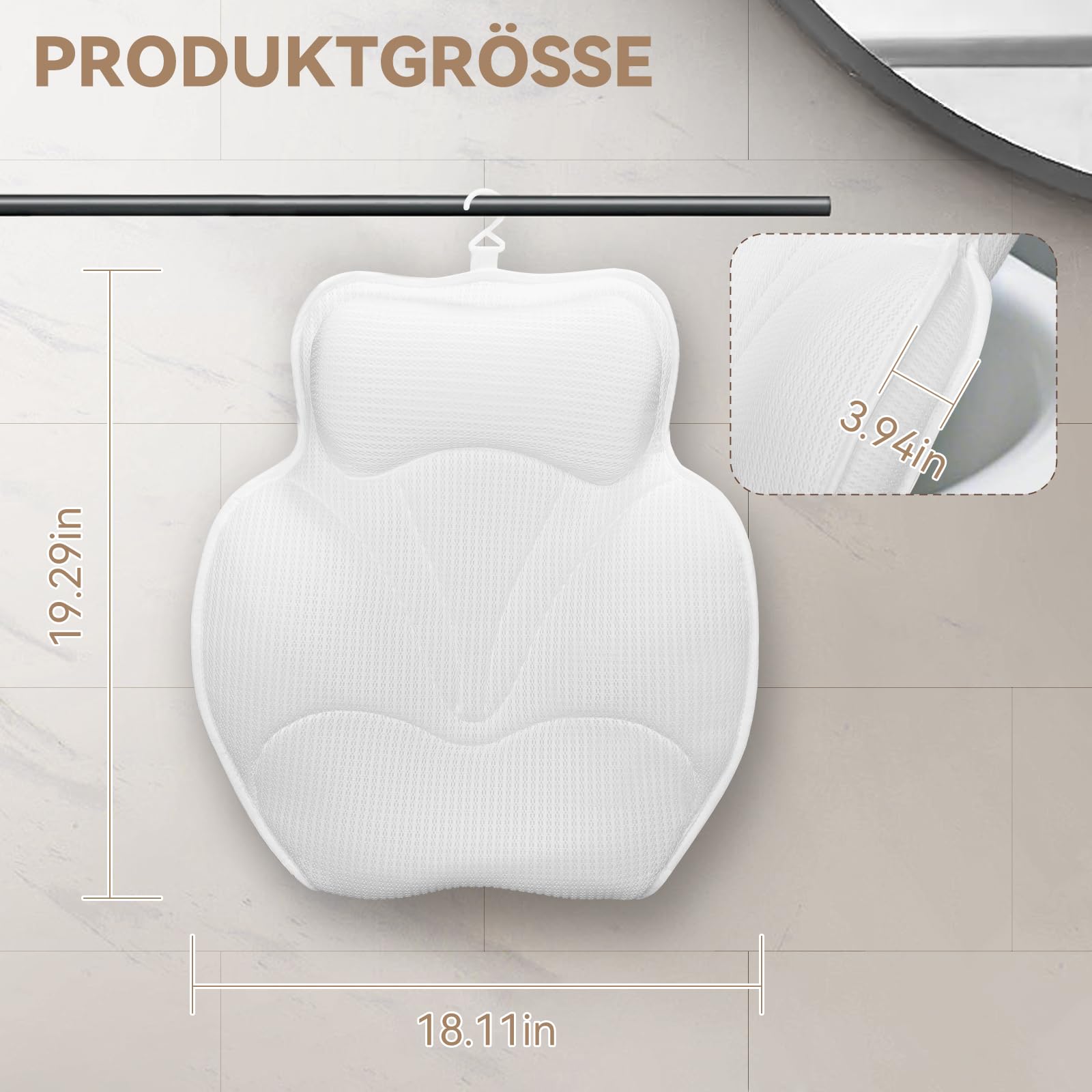 Badewannenkissen – Nackenkissen Badewanne aus 5D Air Mesh, Badekissen für Badewanne, 54 Rutschfestes Kopfkissen, Schnelltrocknend, Weiches Kissen für Badewannen (Weiß)