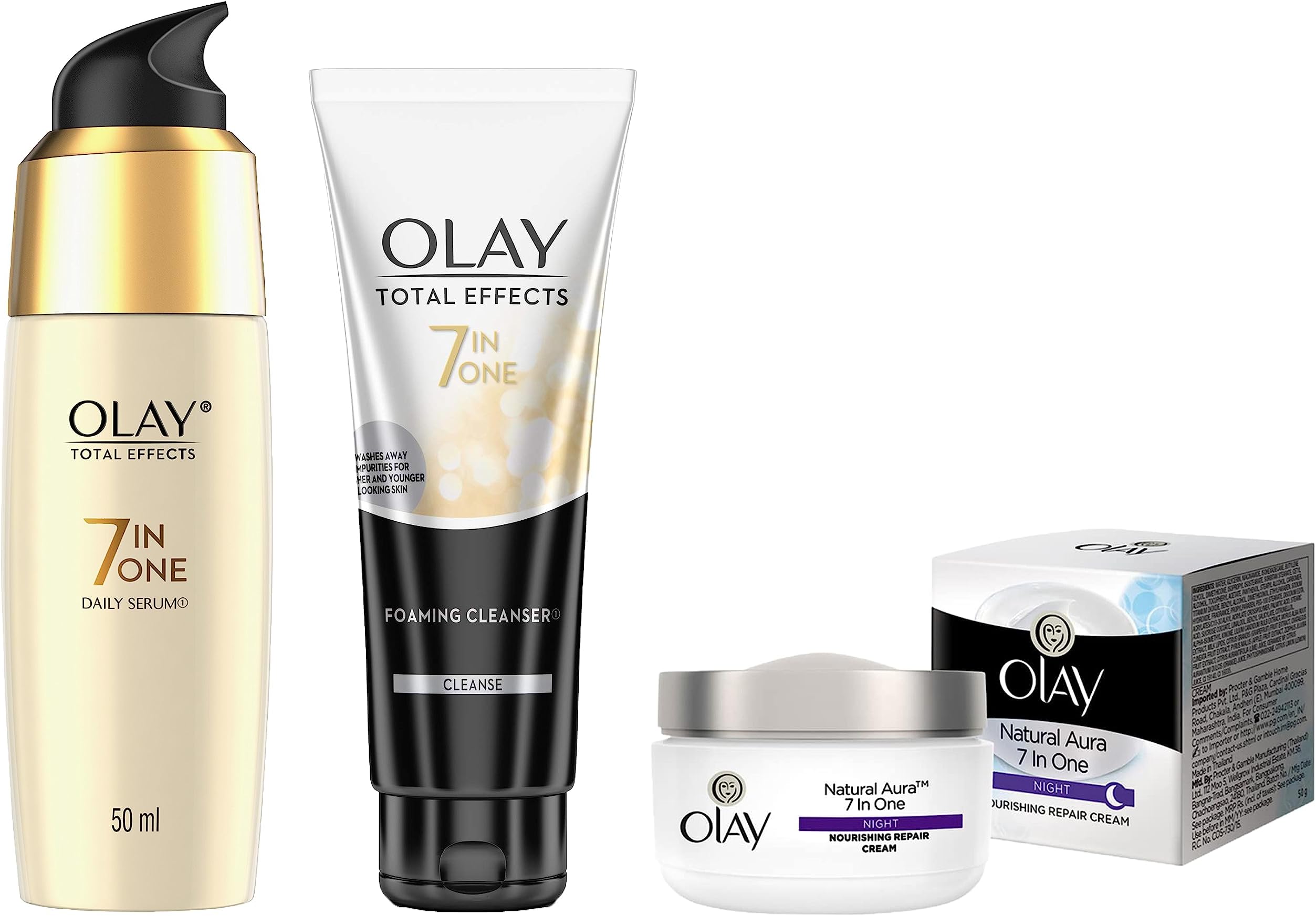 Total Effects Serum &Olay Night Cream Natural Aura Nourishing Repair Cream,50g&Olay Face Wash Total Effects 7 in 1 Exfoliating Cleanser