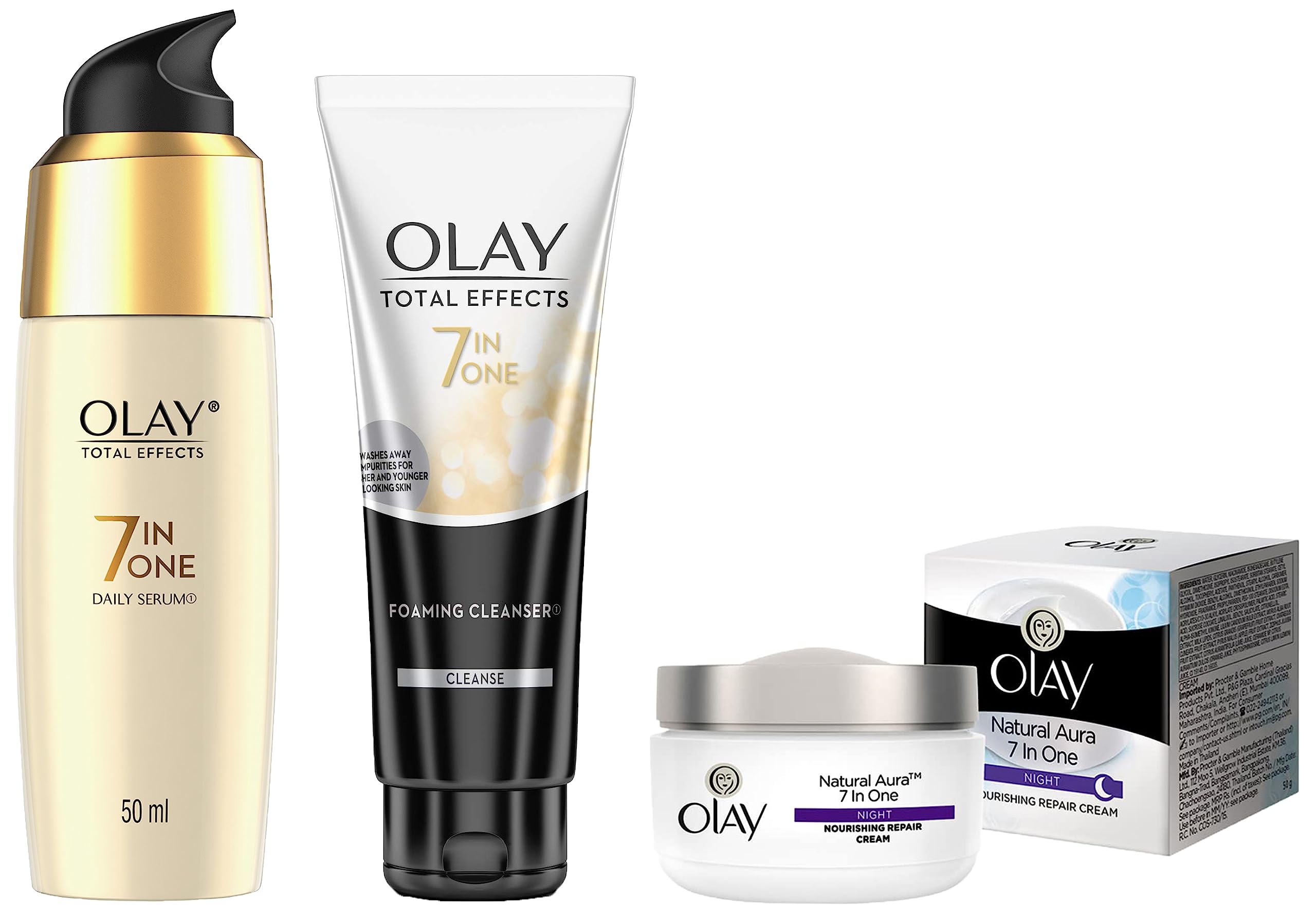 Olay Total Effects Serum &Olay Night Cream Natural Aura Nourishing Repair Cream,50g&Olay Face Wash Total Effects 7 in 1 Exfoliating Cleanser