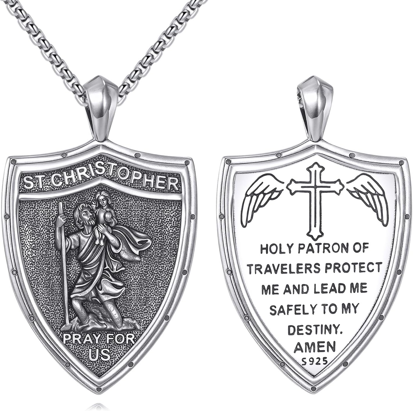 CRMAD Sterling Silver Large Patron Saint Shield Pendant Necklace Religious Protector Jewelry Gifts for Women Men