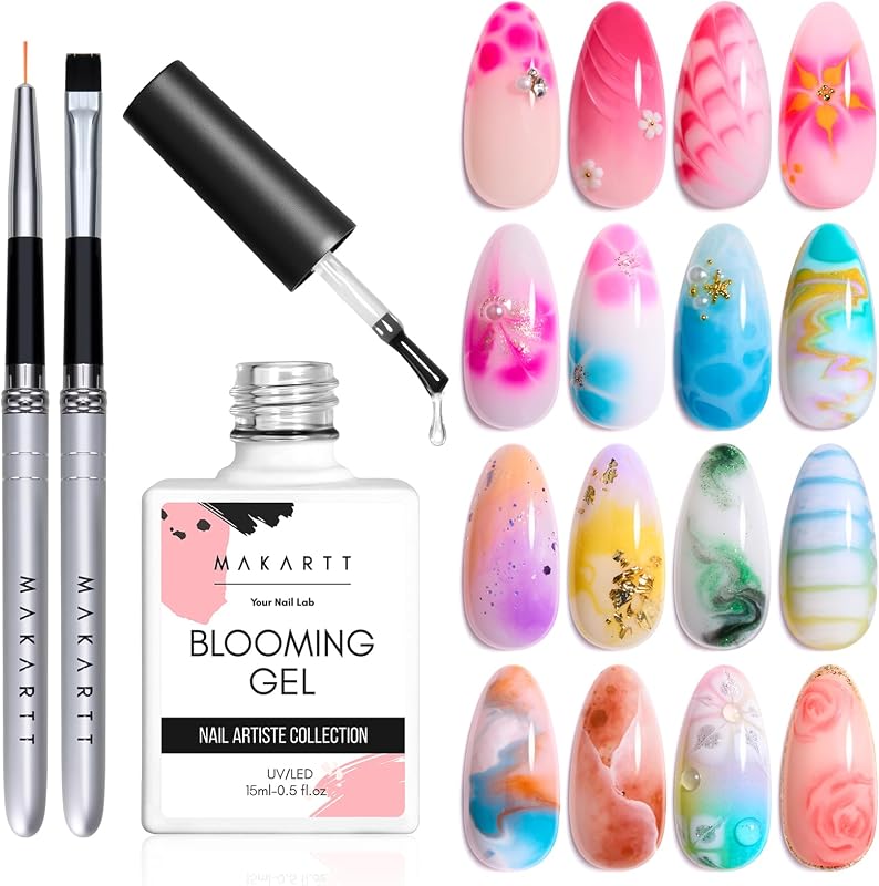 Makartt Blooming Gel: Esmalte de uñas transparente UV LED y cepillo de uñas para efecto de extensión, esmalte de uñas de mármol, pintura en gel, diseños de uñas para bricolaje, color floral, acuarela, regalo de manicura para mujeres