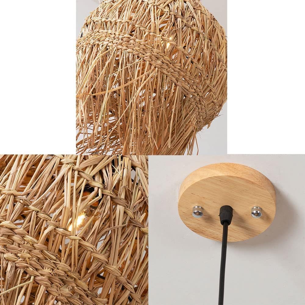 Wicker Lights Kitchen Island Vintage Grass Light Fixtures Woven Boho Lights Mid Century Rattan Hanging Lamp Coastal Bamboo Chandelier for Bedroom Dining Room Farmhouse