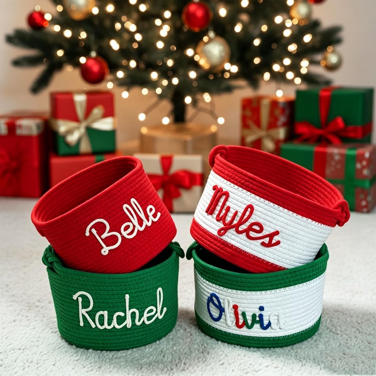 Personalized Christmas Cotton Rope Basket Custom Name Holiday Storage (Multicolor,21 * 18cm)
