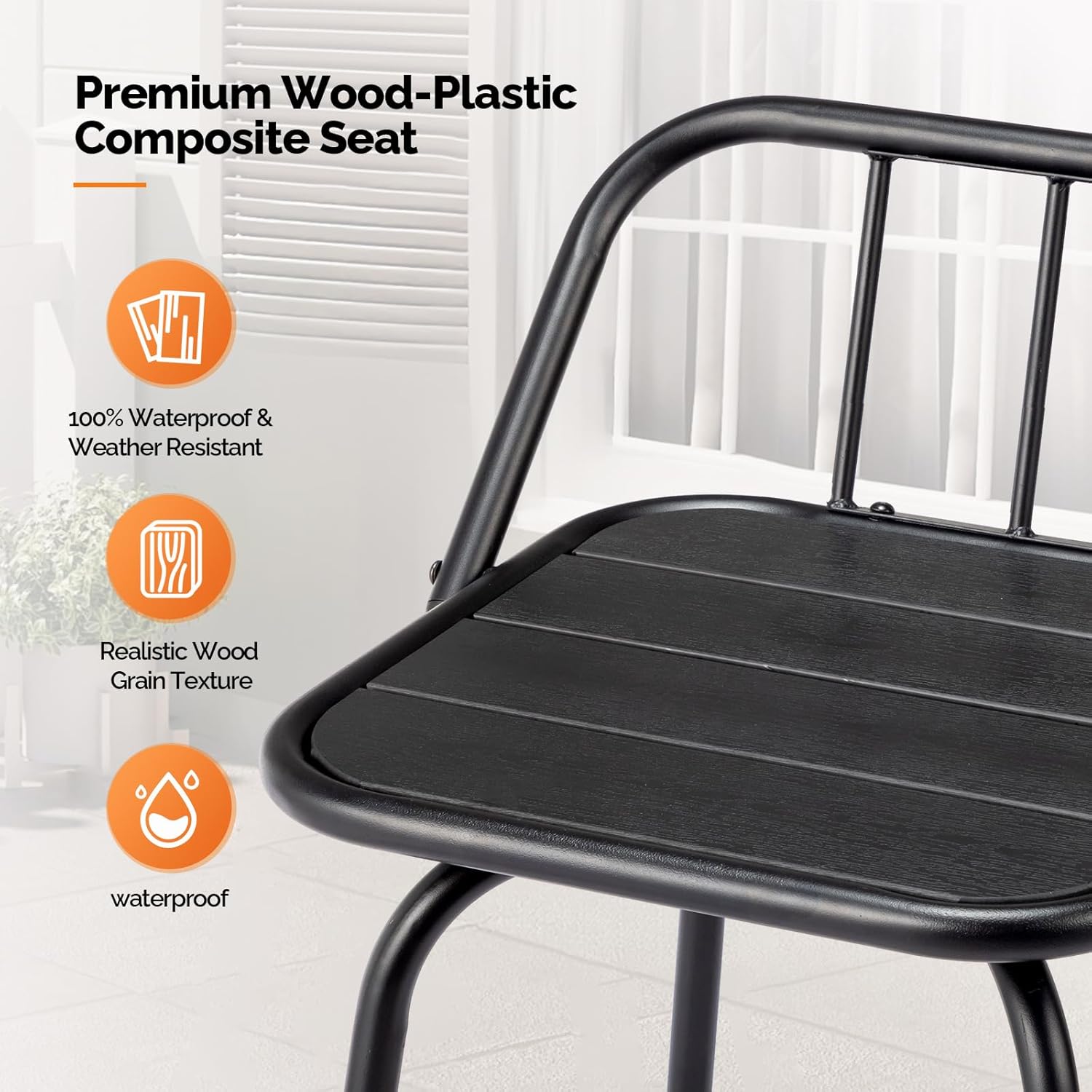 Close-up of the premium wood-plastic composite seat, highlighting its waterproof and weather-resistant properties.