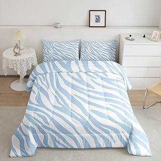 Castle Fairy Blue White Zebra Stripes ComforterÂ Set Full Size 3 Pcs Watercolor Wild Animal Skin Print Comforter for Kids Teens Adults Rustic Jungle Style Bedding Set with 2 Pillowcases+1 Comforter