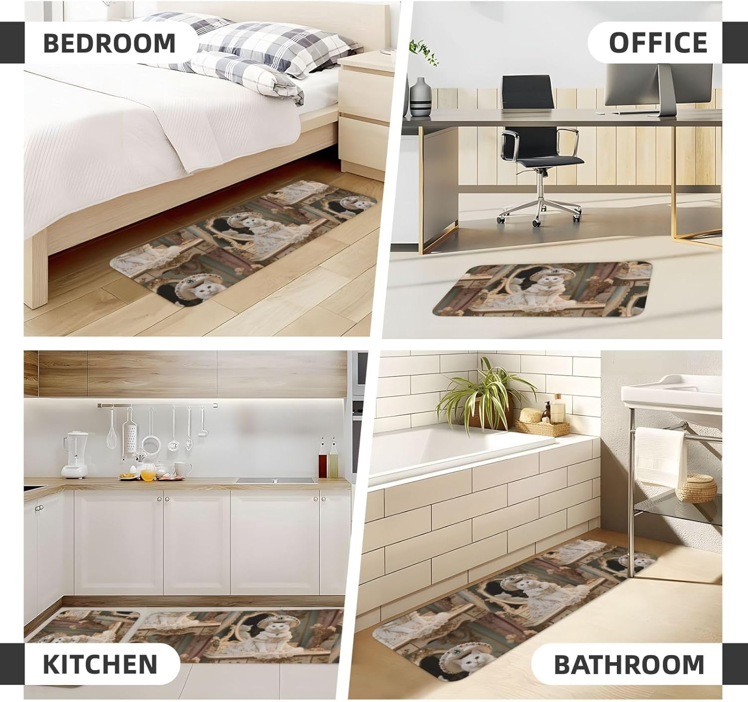 Rococo cat Kitchen Rugs Set of 2, Cushioned Anti-Fatigue Kitchen Mats for Floor, Waterproof Comfort Standing Mat Absorbent Velvet Kitchen Runner Rugs 17"x30"+17"x47"