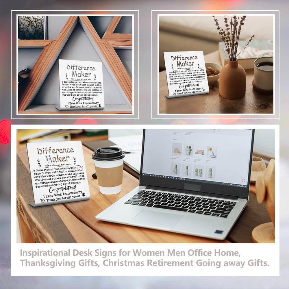 Difference Maker Work Anniversary, 1 Year Employee Appreciation gift, Motivational Office gift for Coworker Team Member Boss, Thank You Recognition 1 Year Work Anniversary Decor Signs-LSG50