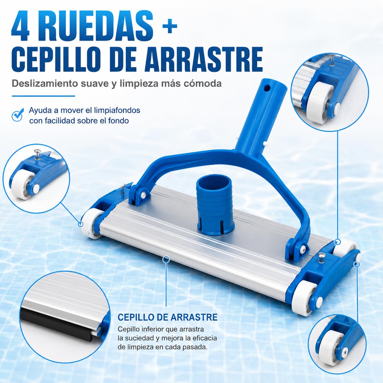 Limpiafondos de aluminio para piscinas - Fijación Clip - Cepillos de nylon - 4 ruedas - 33 cm Dpool