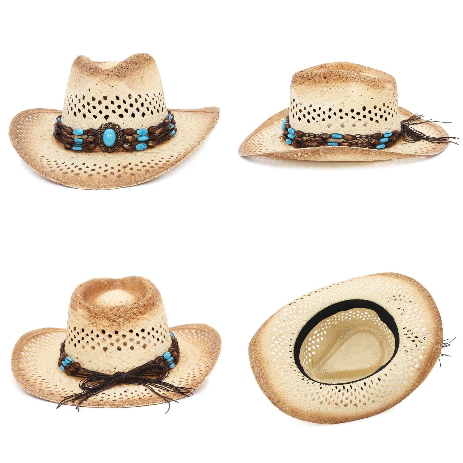 GEMVIE Sombrero de paja Panamá para mujer, sombrero de vaquero de paja, sombrero de playa, sombrero de sol de ala ancha, sombrero enrollable de paja