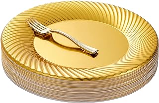N9R 60pcs Gold Plastic Dessert Plates with Mini Forks, Include 30pcs Disposable Dessert Plates 7 inch, 30pcs Gold Appetizer Forks 3.94 inch, Premium and Comfortable for Wedding Birthday Party