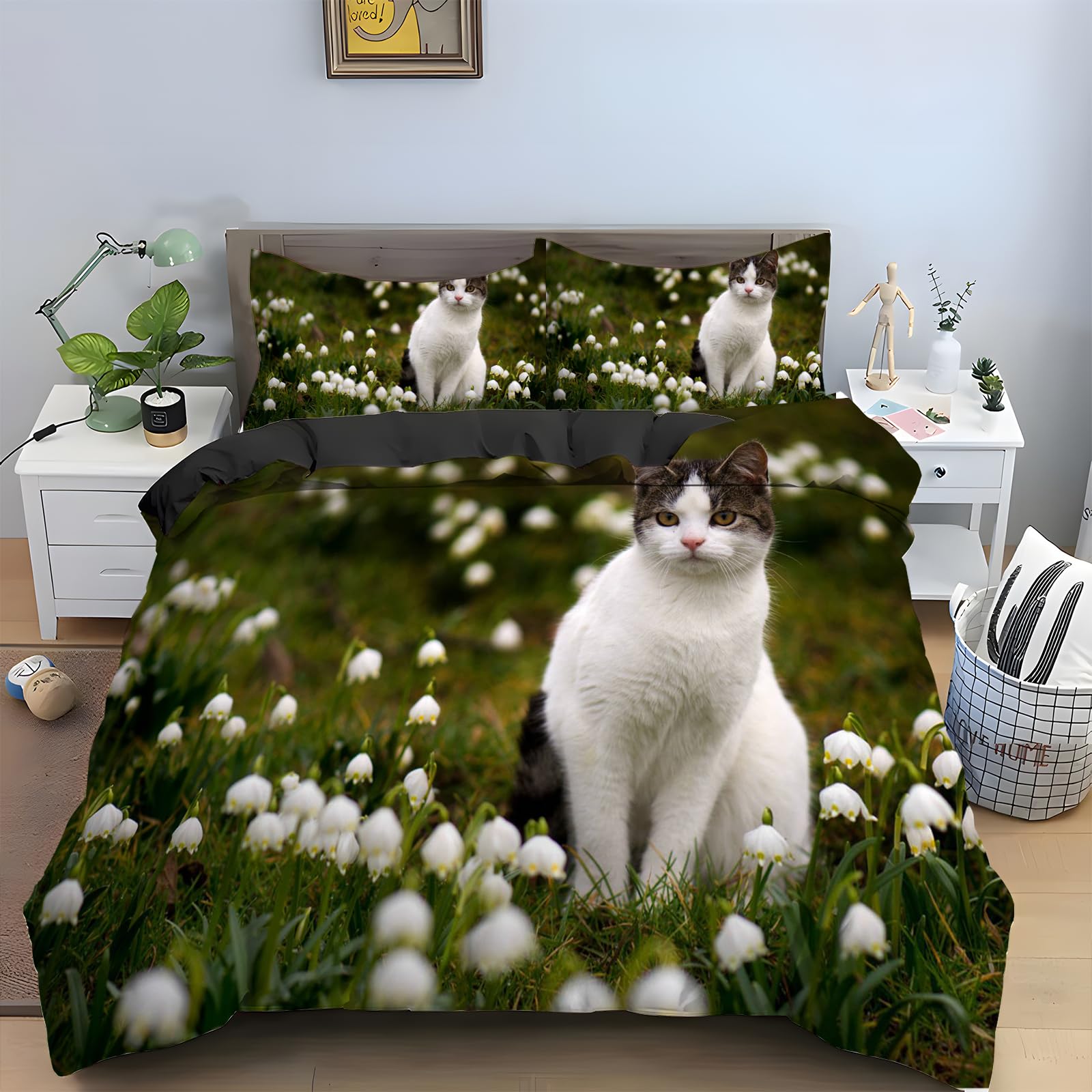 Parure de lit 2 personnes 240x260 cm en microfibre douce motif chat vert fleur avec 2 taies