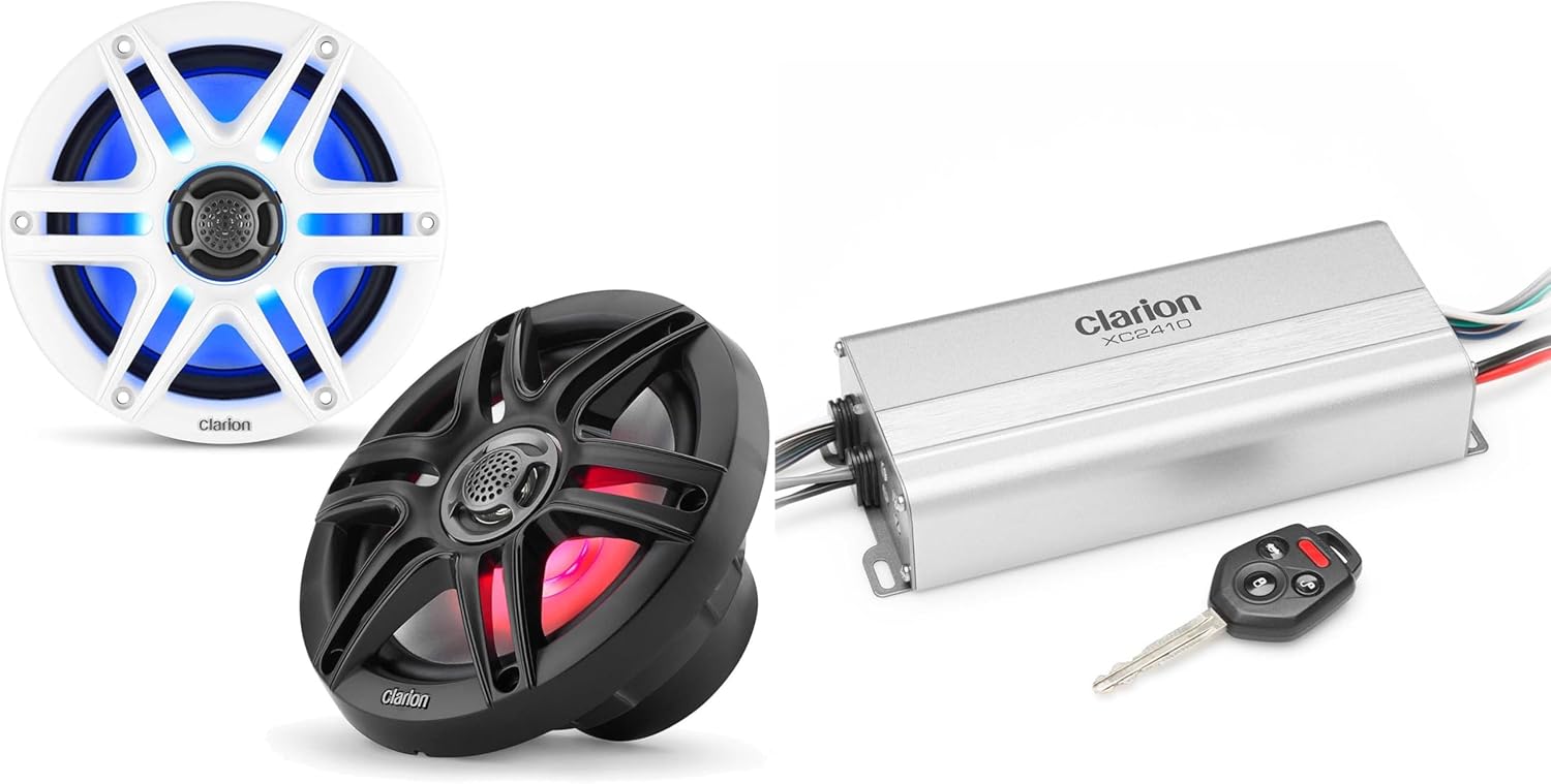 Clarion Marine 4 Channel Amp & CMS-651RGB-SWB 6.5" LED Boat Audio Upgrade Bundle