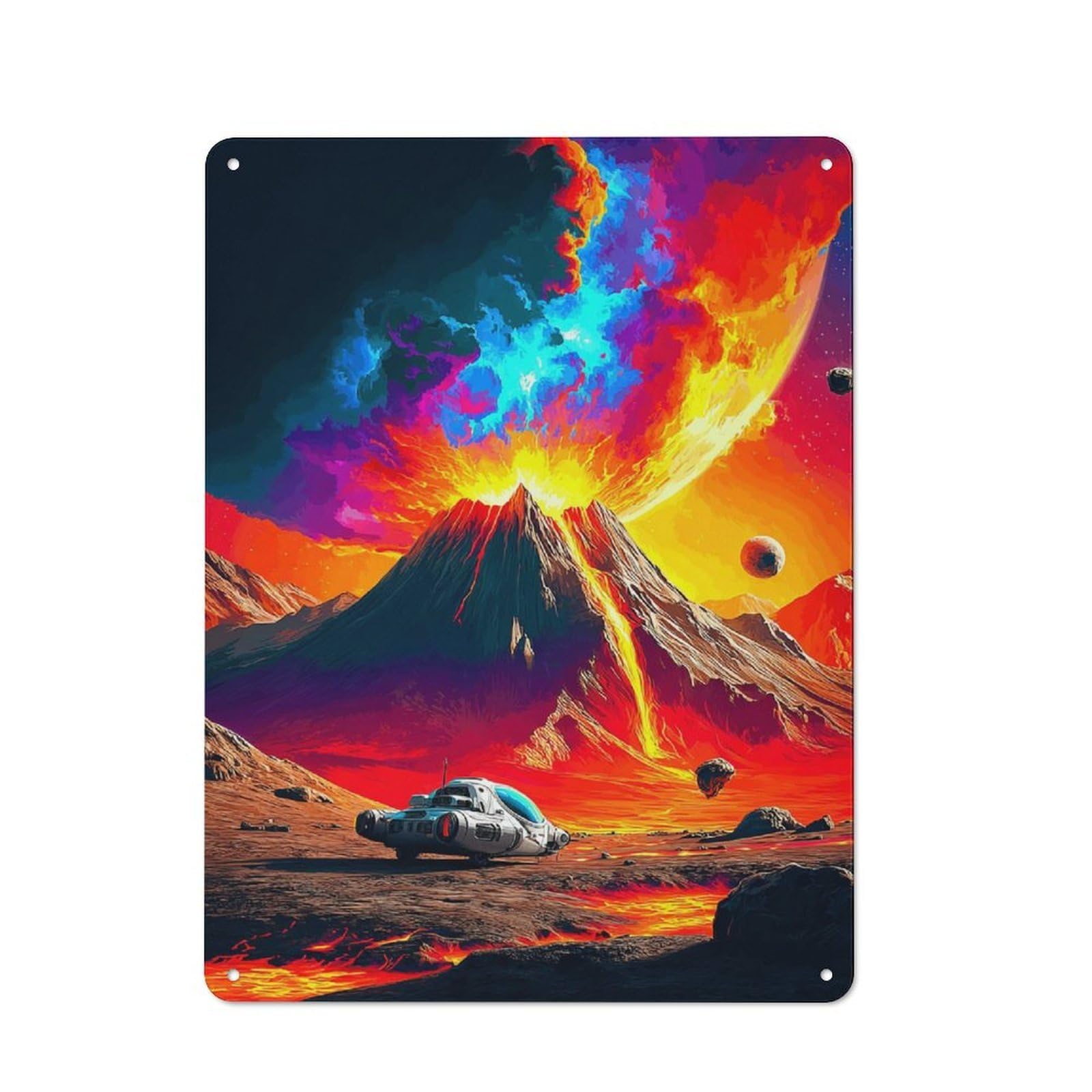 Junmoney Volcanic Alien Landscape With Spaceship Vintage Tin Wall Plaque 40X30cm For Studio Or Craft Room, For Garage, Workshop And Man Cave Decoration
