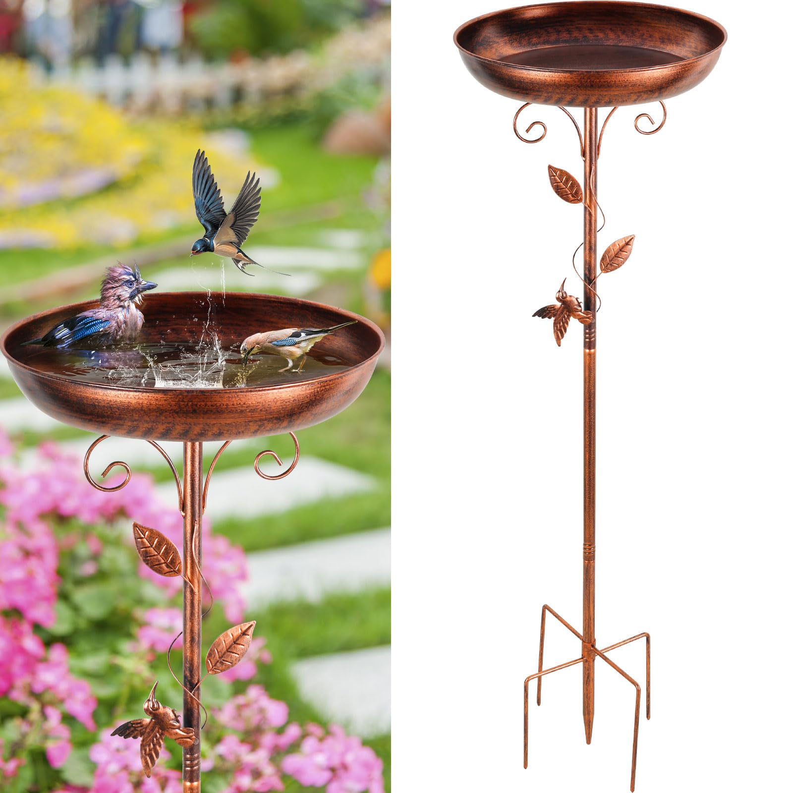 Cast Iron Bird Bath for Garden Freestanding Birdbaths Bowl Outdoor Metal Bird Bath Stand with 5 Prongs Base Stake Vintage Birds Baths Feeder Bowl for Outdoors Garden Patio Yard Decor (brown-39in)