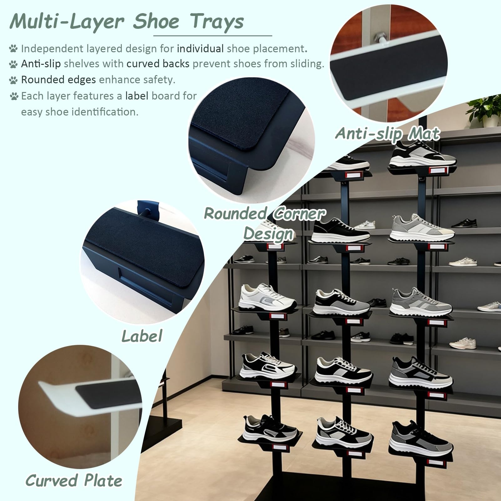 UrbanUp Espositore Scarpe Espositore per Scarpe per Grandi Negozi di Abbigliamento, Scaffale per Scarpe da Ginnastica e da Basket, Espositores per Collezioni di Scarpes(Black+wood A,L)