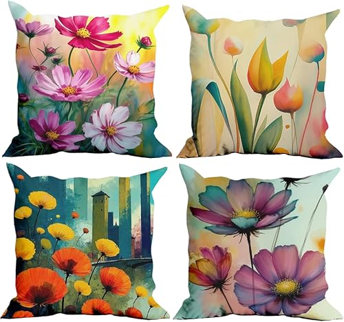 Paquete de 4 fundas de almohada coloridas de 18 x 18 pulgadas, fundas de almohada decorativas para sofá, fundas de almohada decorativas con flores