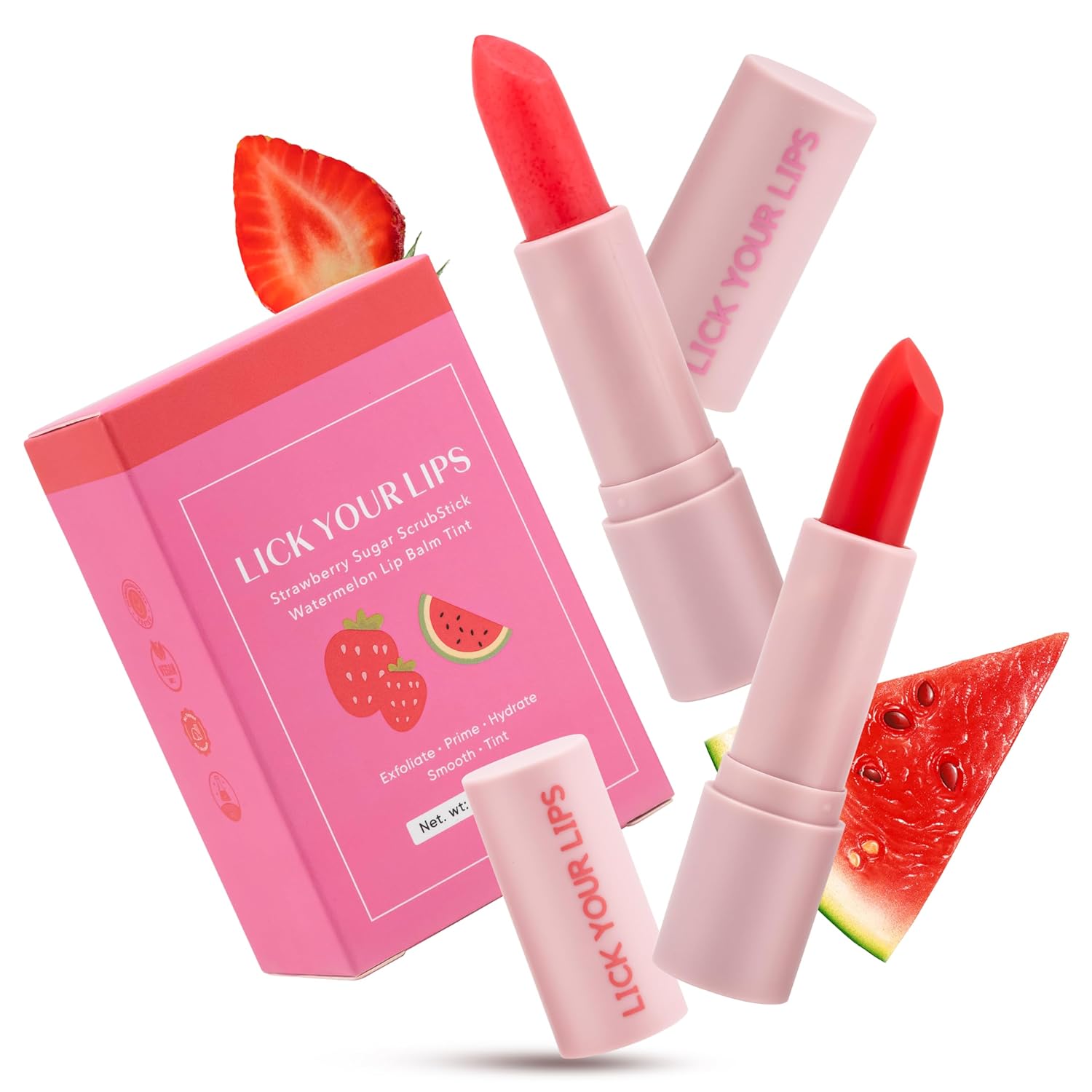 Watermelon Tinted Lip Balm and Strawberry Sugar Lip Scrub Stick Duo – Lip Scrubber Exfoliator helps Lip Repair, Deep Hydration, and a Soft, Radiant Pout 8.10g