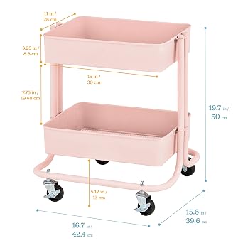 ECR4Kids 2-Tier Metal Rolling Utility Storage Cart, Multipurpose Organization, Pink