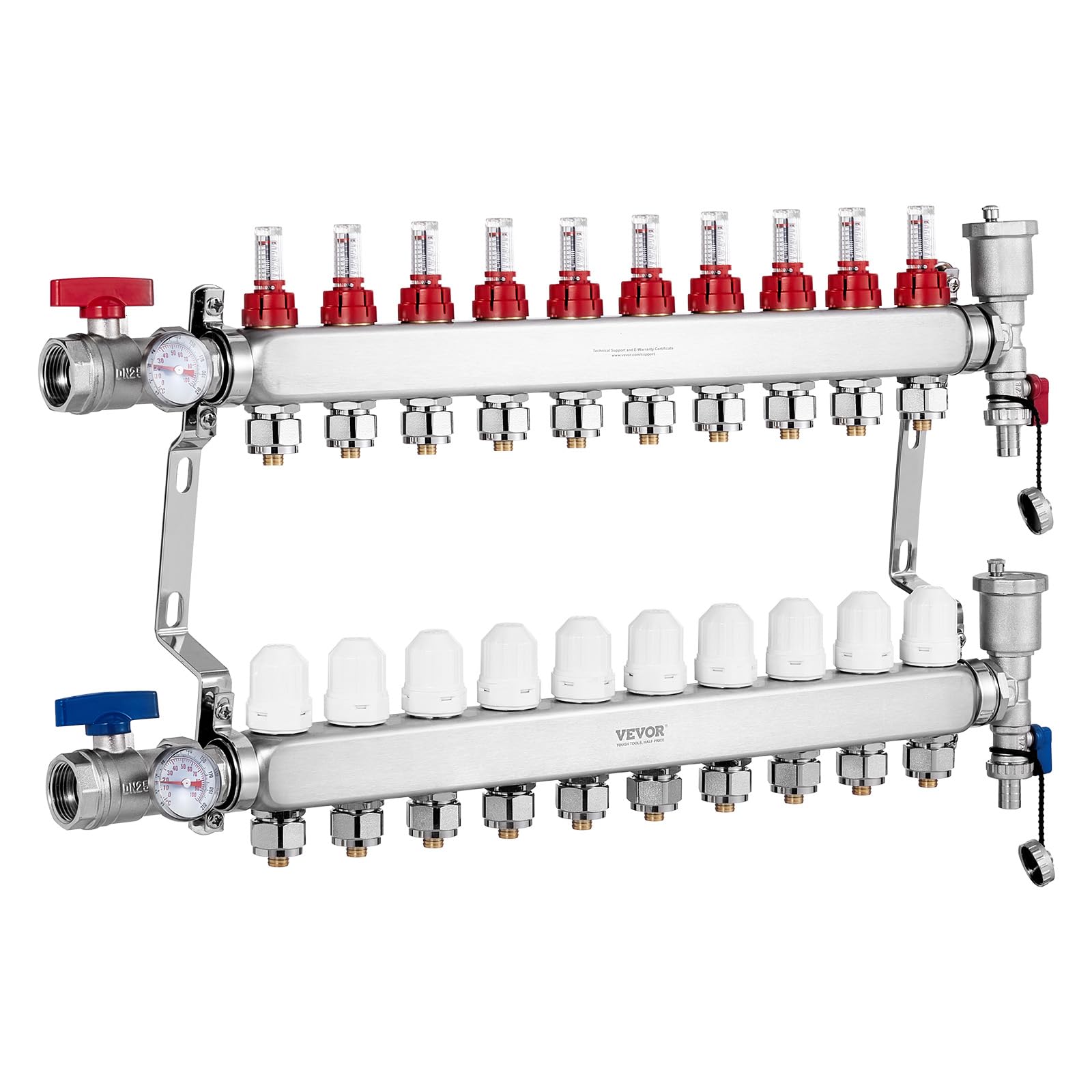 VEVOR Colector de Calor Radiante de 10 Derivaciones de Acero Inoxidable SUS304 para Calefacción por Suelo Radiante Hidrónico, Colector de Tubería PEX, con Adaptadores, 680 x 370 x 110 mm, 0-5 L/min