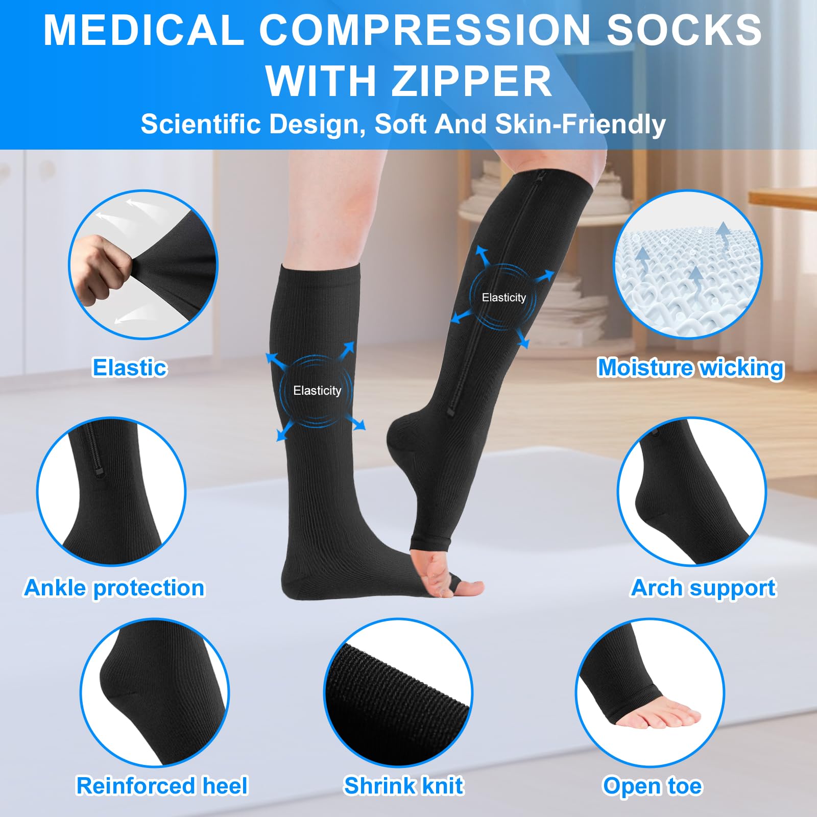 4 Pairs Zipper Compression Socks for Women & Men15-20 mmHg Medical Open Toe Knee High Support Socks Easy Wear Elastic & Comfortable for Fitness Flight Running Marathon product thumbnail 3