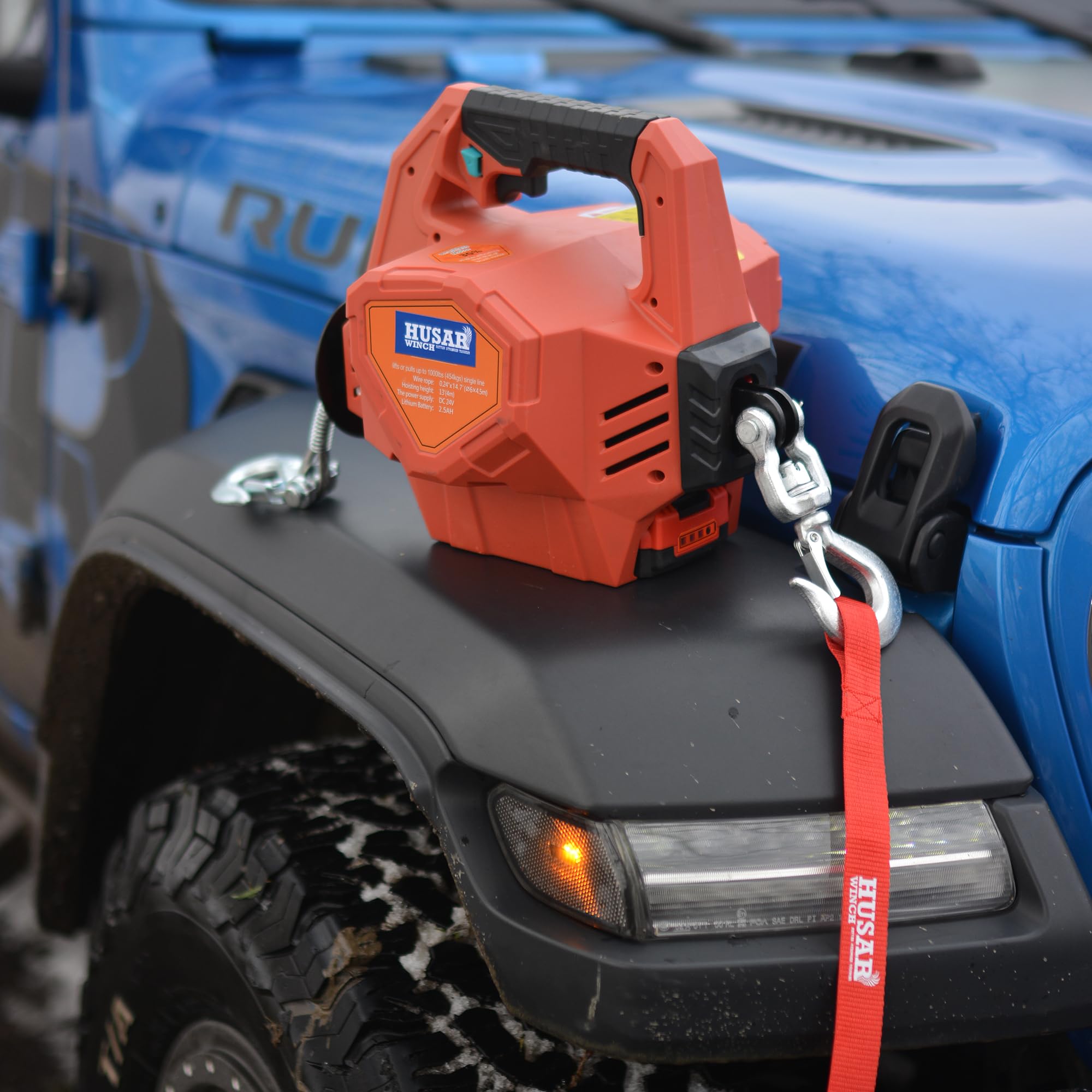 Treuil électrique à batterie portable avec Télécommande sans fil 24 V, 453 kg | 1000 lbs – Treuil avec corde synthétique de 12 m de long, portable pour industrie, remorqueur, remorque