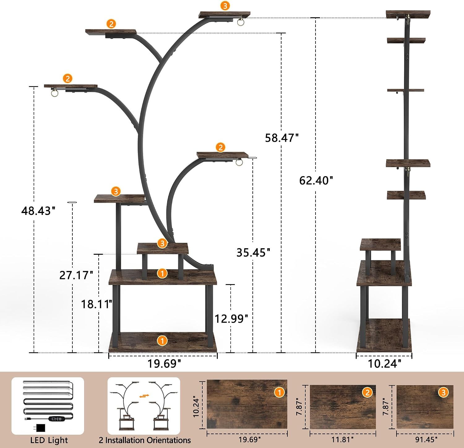 VECELO Plant Stand with Grow Light, 8-Tier Plant Shelf for Multiple Pots , 62" Corner Plant Stand Indoor for Living Room Patio Home Decor