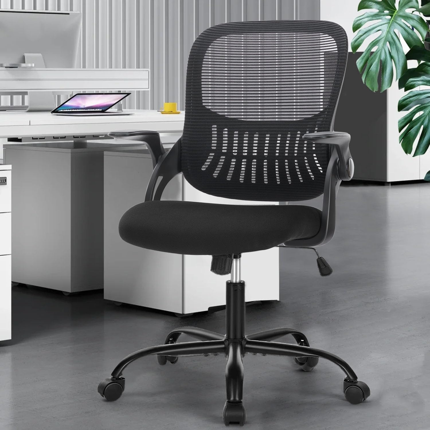 Ergonomischer Kinderstuhl & Bürostuhl – Höhenverstellbar, klappbare Armlehnen, 360° leise Rollen, Netzstruktur-Rückenlehne, ideal für Büro, Schlafzimmer, Arbeitszimmer, Schwarz