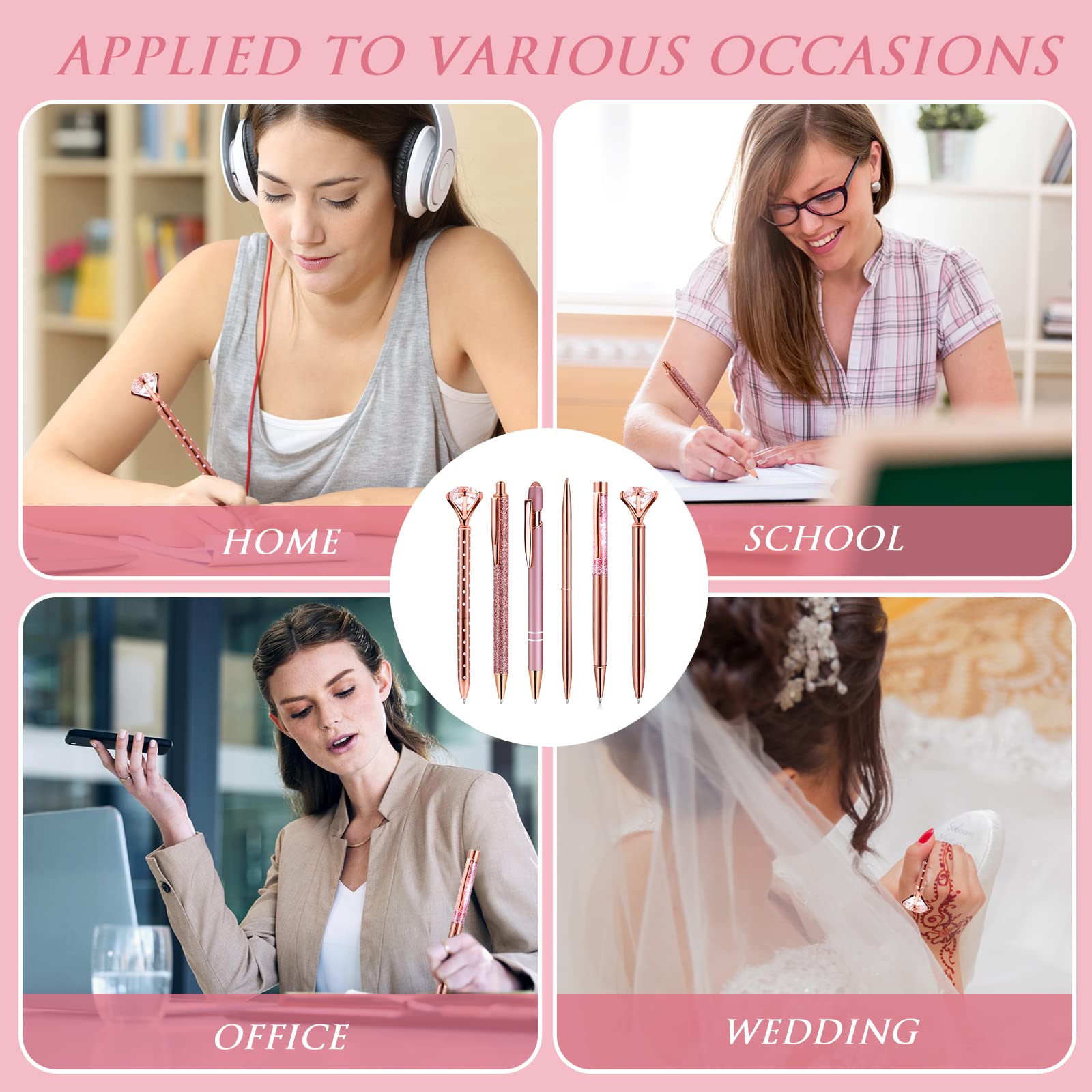 6 Stück Kugelschreiber Set Für Frauen – Pink Glitzer, Metall, Diamant-Design Für Büro & Schule