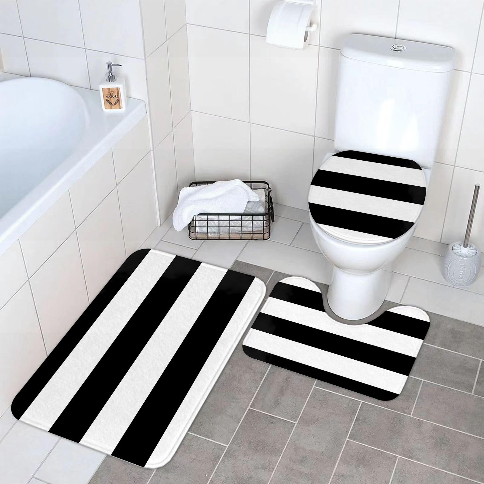 Set di 3 tappetini da Bagno, Lavabili in Lavatrice e Antiscivolo, in Morbida Fibra Superfine, con Righe Bianche e Nere.