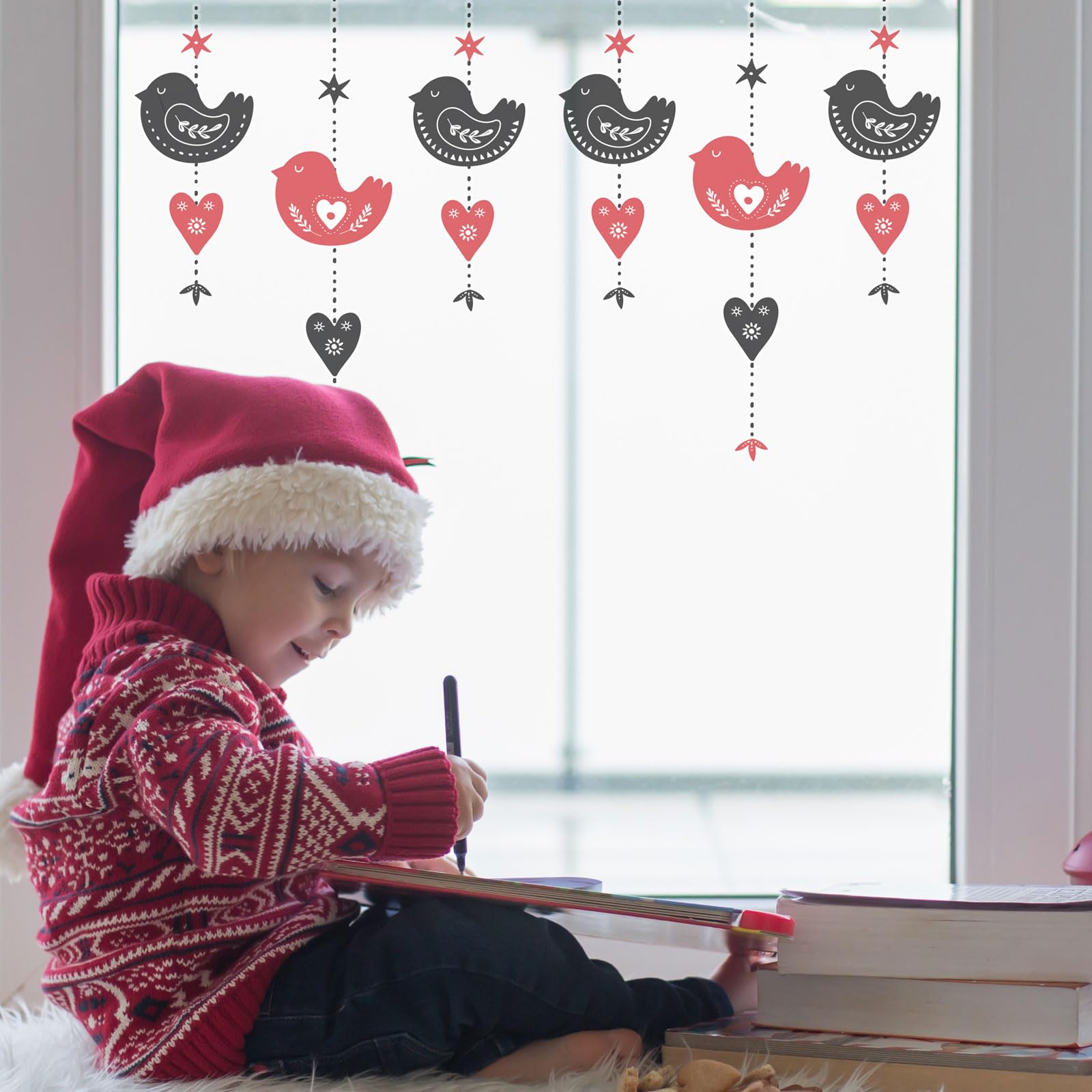 Scandi Hanging Birds Window Stickers (2 Sheets) | Christmas Window Sticker | Perfect for Decorating Your Home This Christmas | Re-positionable, Removable and Reusable