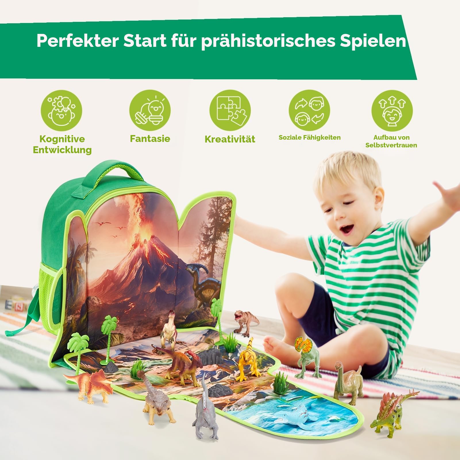 COCO&Friends Dinosaurier Spielzeug für Kinder 3 4 5 6 Jahre Junge, Geburtstagen Weihnachten Geschenk Spielzeug, 12 Dinosaurier Statuen und Lernkarten,Tragbarer Rucksack mit Faltbarer 3D-Spielmatte