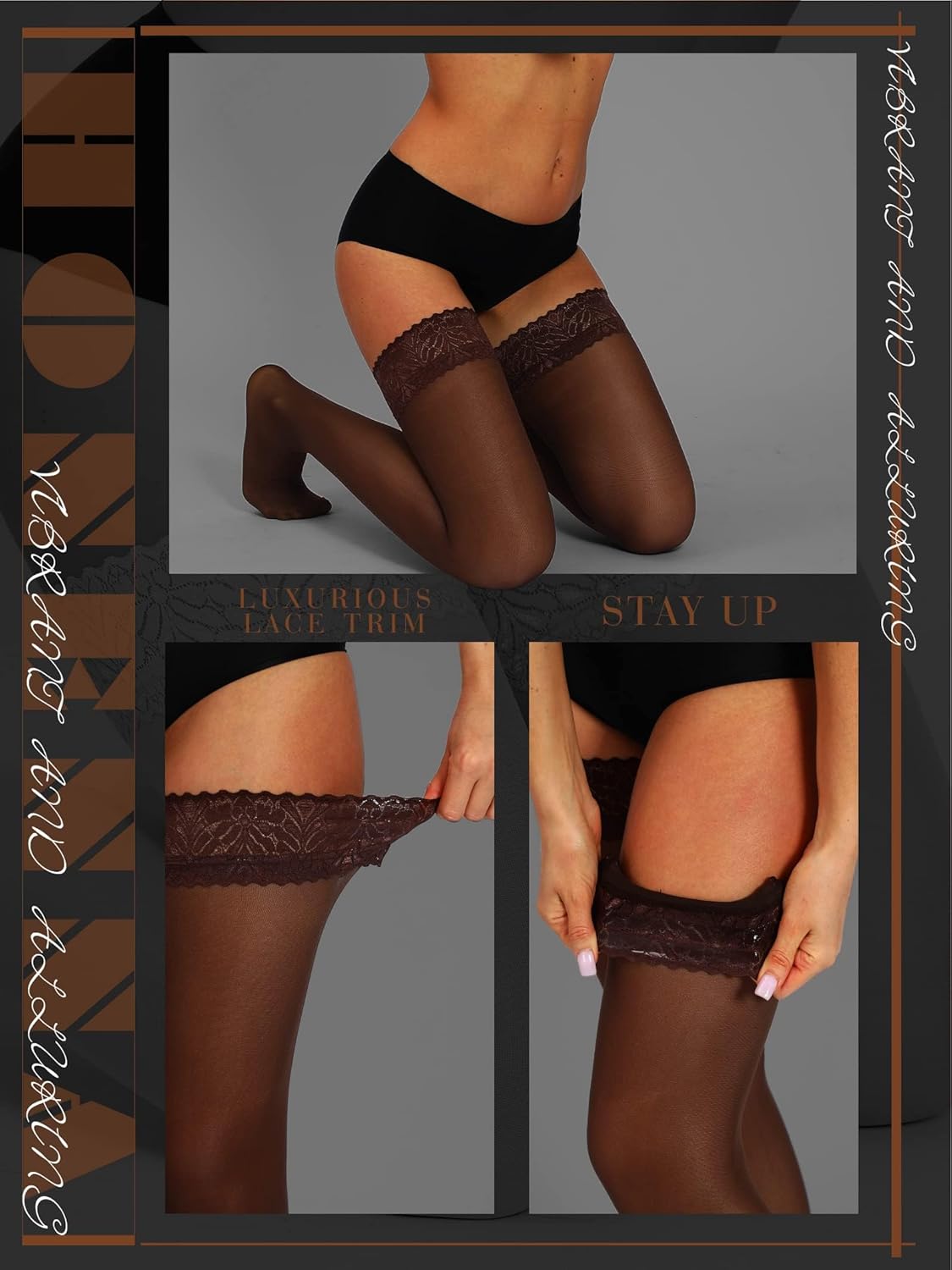 HONENNA Semi Sheer Stay Up Lingerie Thigh High Stockings Lace Top Size A-F - Image 4