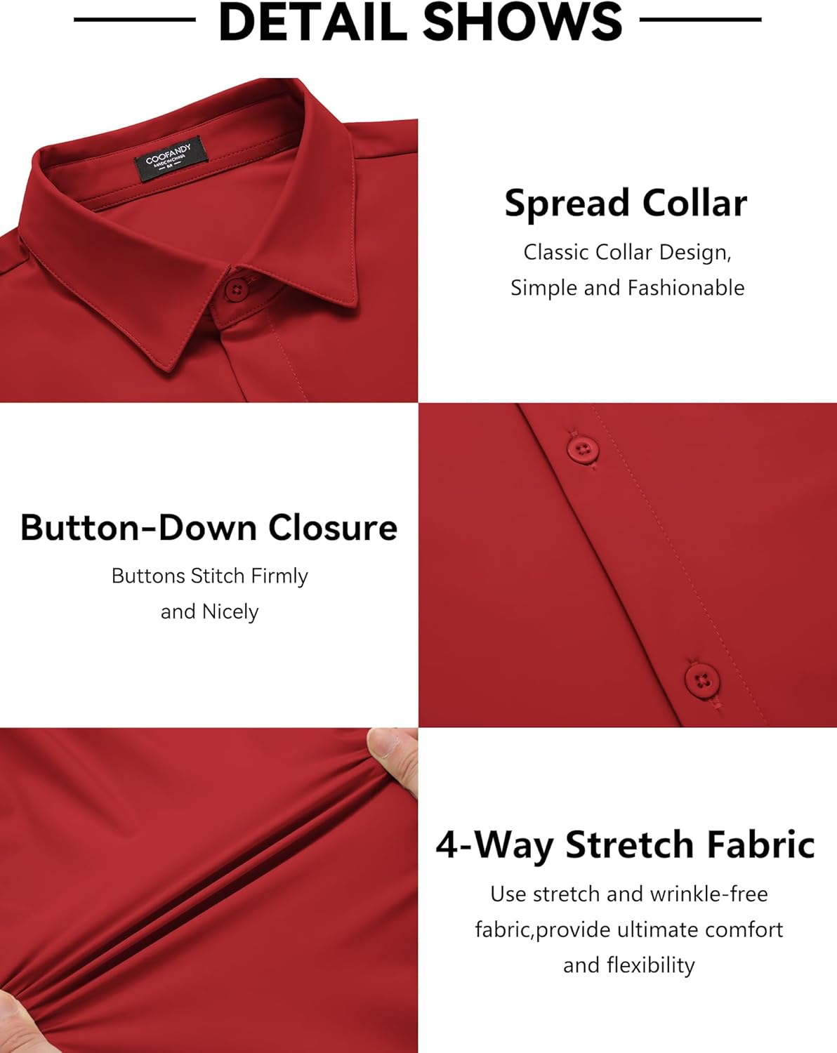 COOFANDY Mens Formal Shirts Slim Fit Business Dress Shirt Long Sleeve Button Up Shirt Red - Image 5