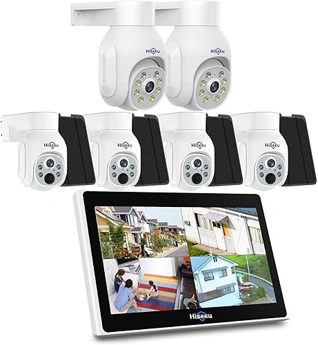 Hiseeu Sistema de cámara inalámbrica, 4 cámaras solares de 4 MP + 2 cámaras enchufables de 3 MP, LCD de 10 pulgadas, disco duro 1T